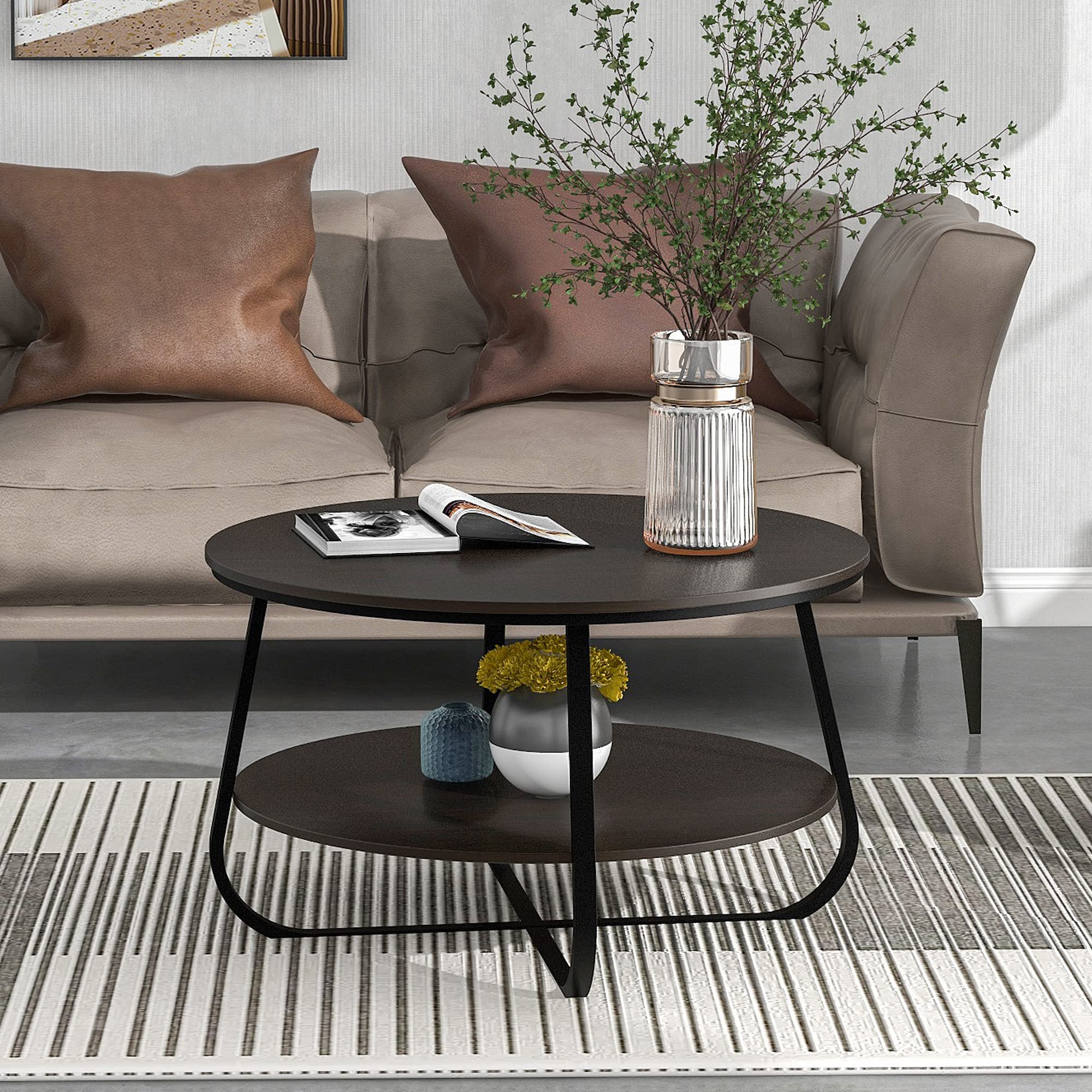 Modern Industrial Sideboard Cabinet with Drawers - Freestanding Espresso Cupboard & Round Coffee Cocktail Table for Living Room | Durable Crossed Leg Design, Perfect for Home Decor & Entertaining