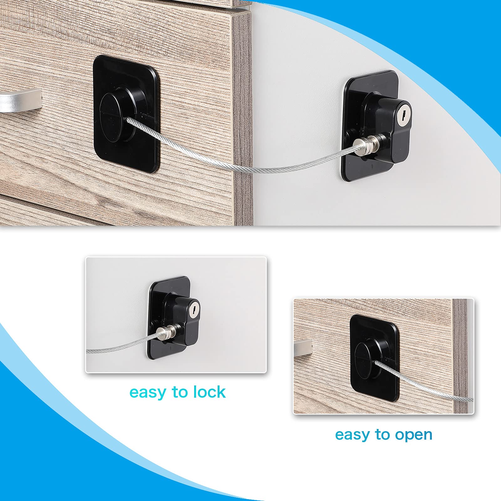 8-Piece Child Safety Refrigerator Locks with 10 Keys - Strong Adhesive Fridge & Freezer Door Locks for Baby Proofing - Cabinet Safety Locks for Kitchen, Bathroom & Nursery (Black)