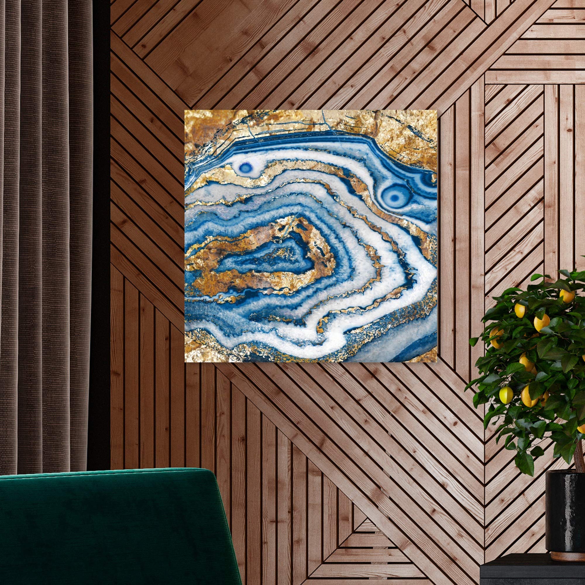 Abstract Wall Art Canvas Print 'Bleu Agate' - 20x20 Inch Blue & Gold Modern Home Decor - Perfect for Living Room, Bedroom or Office Decoration