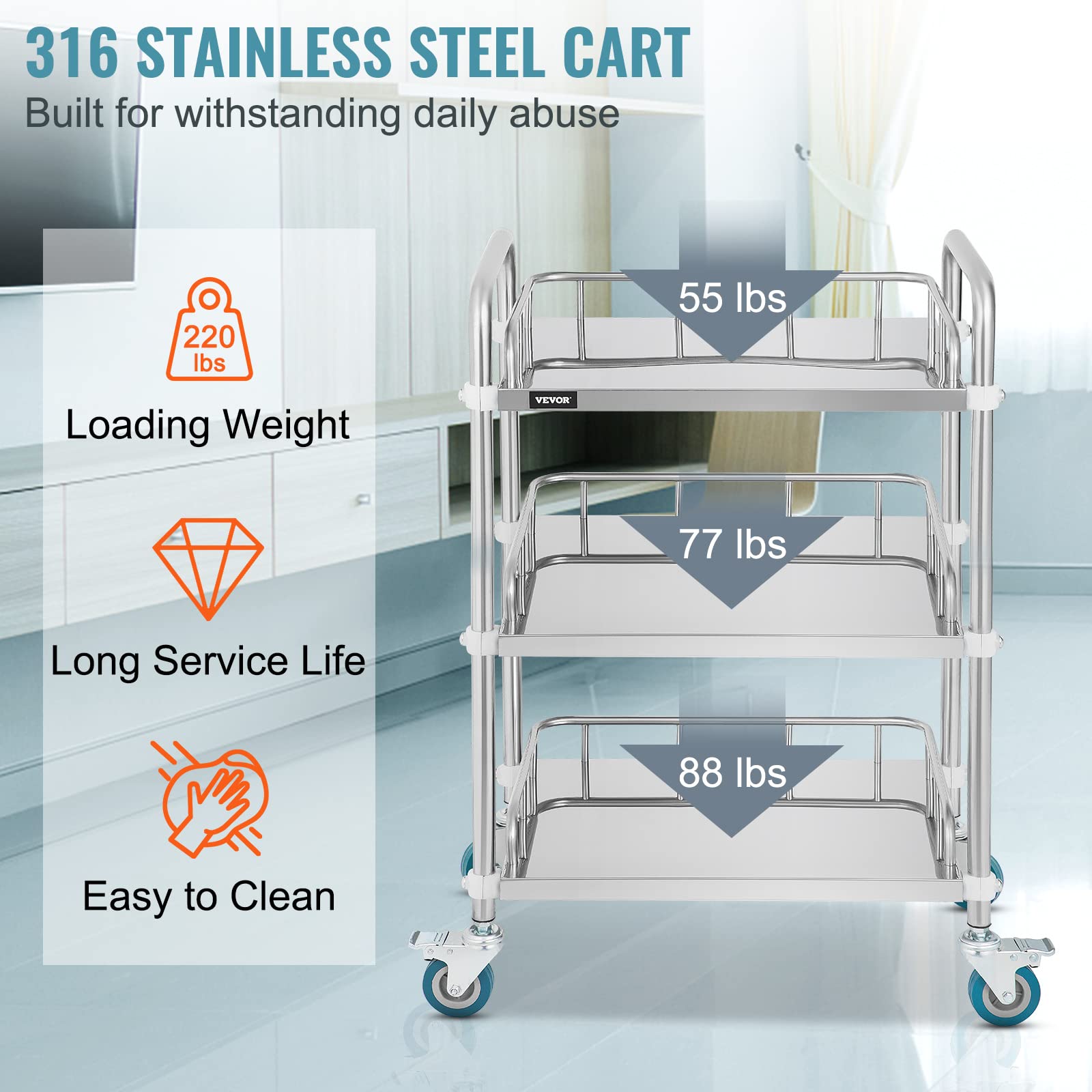 VEVOR 3-Tier Stainless Steel Utility Cart with Wheels - Heavy Duty Rolling Cart for Commercial Kitchen, Restaurant, Medical, Dental & Lab Use - Mobile Serving Cart for Catering, Dining & Hospital Services