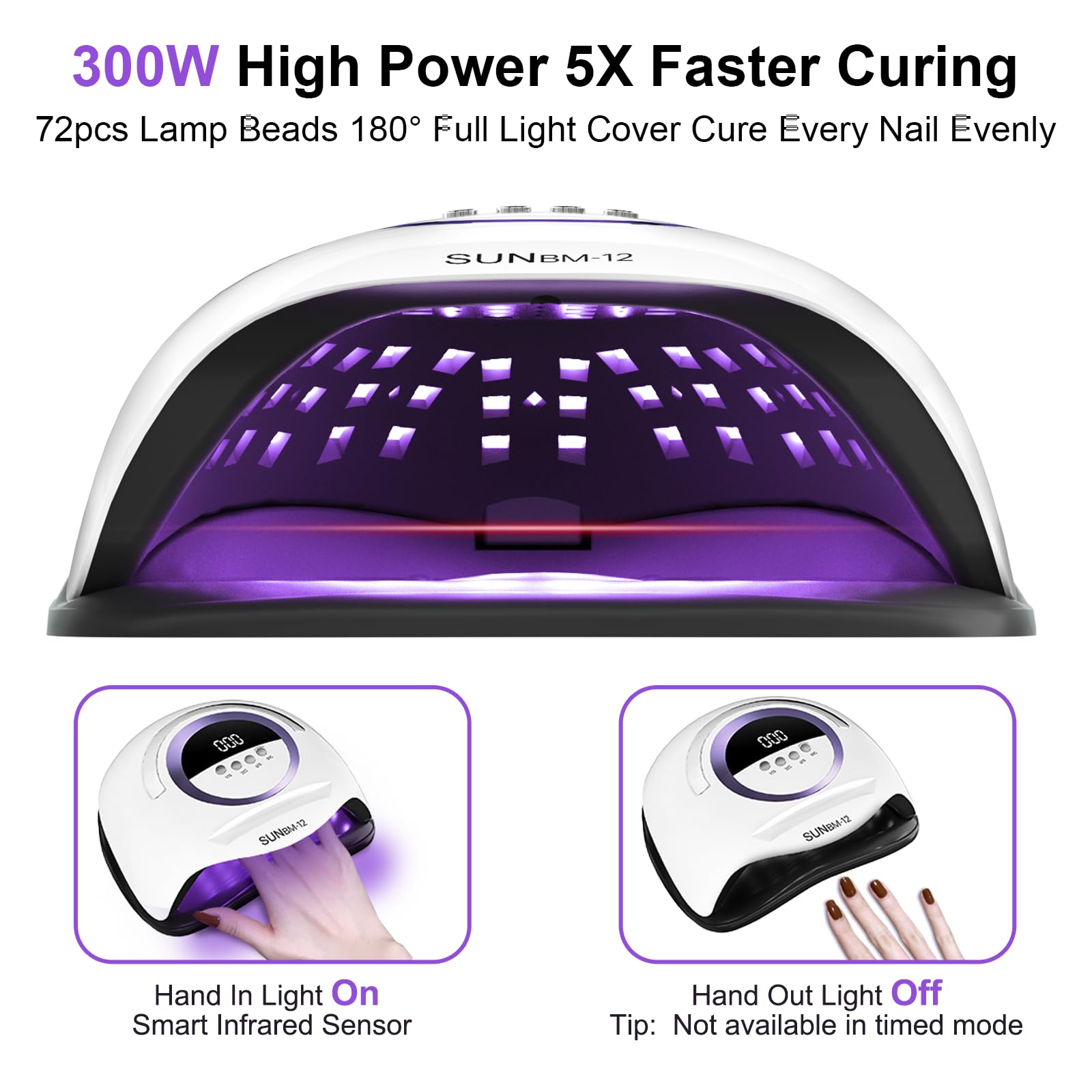 Professional 300W UV LED Nail Lamp with Smart Sensor & 4 Timer Settings - Fast Curing Gel Polish Dryer Light for Manicure & Pedicure - Includes 72 LED Beads & Protective Gloves - Perfect for Home Nail Salon, Gel X Polish Kit & Nail Art Enthusiasts