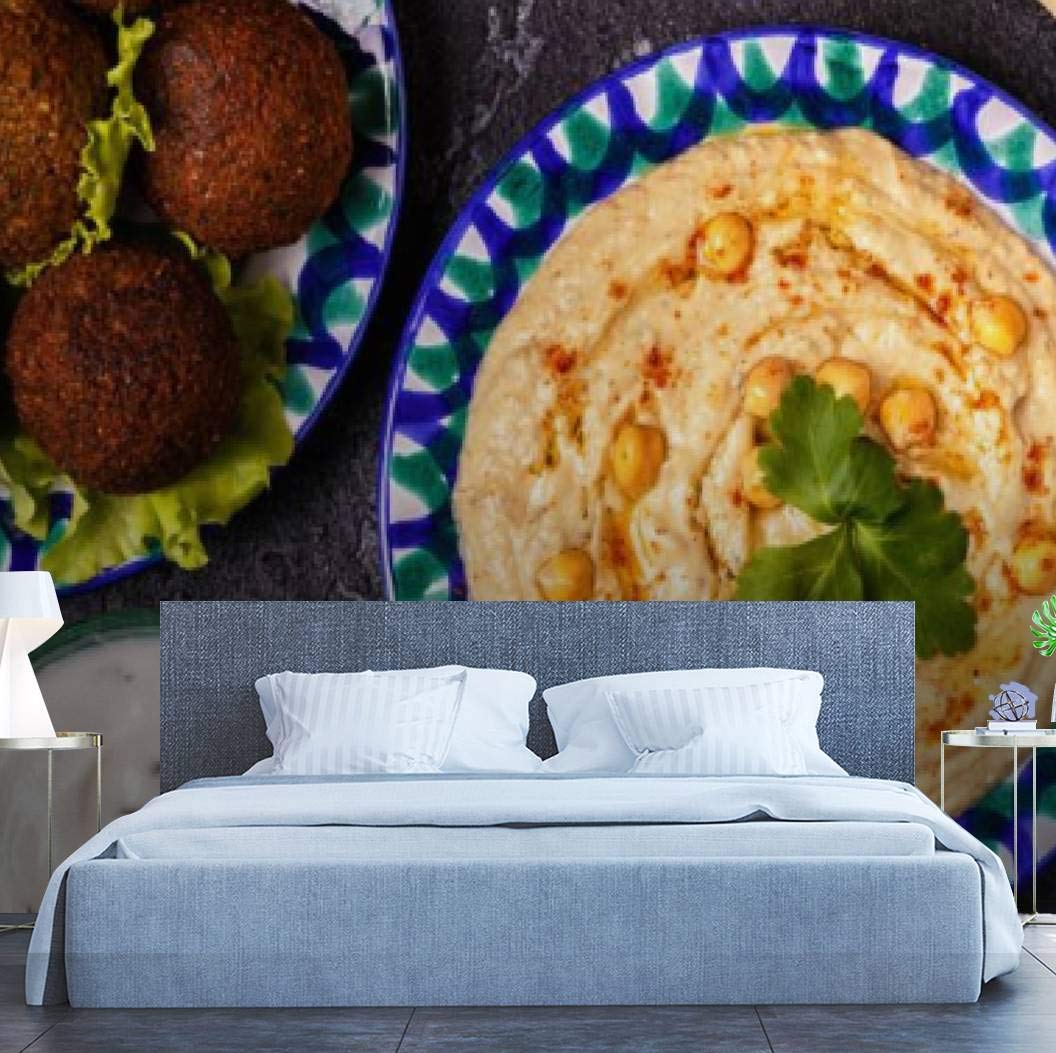 Classic Falafel and Hummus Egyptian Food Peel and Stick Wallpaper - Self-Adhesive Removable Vinyl Wall Mural for Kitchen, Dining Room Decor | Large Wall Sticker, Shelf Paper, Home Decoration