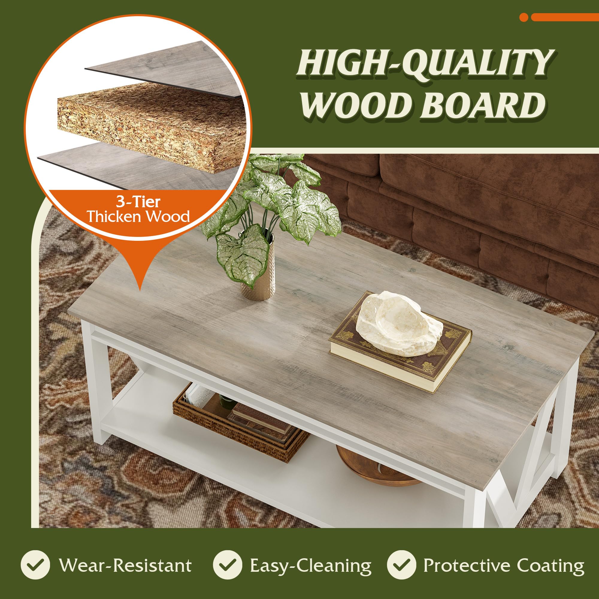 43 Inch Farmhouse Coffee Table with Storage Shelf & V-Shaped Support - Solid Wood Living Room Center Table for Bedroom, Office, Balcony - White | Rustic Home Decor, Perfect for Small Spaces & Coffee Lovers