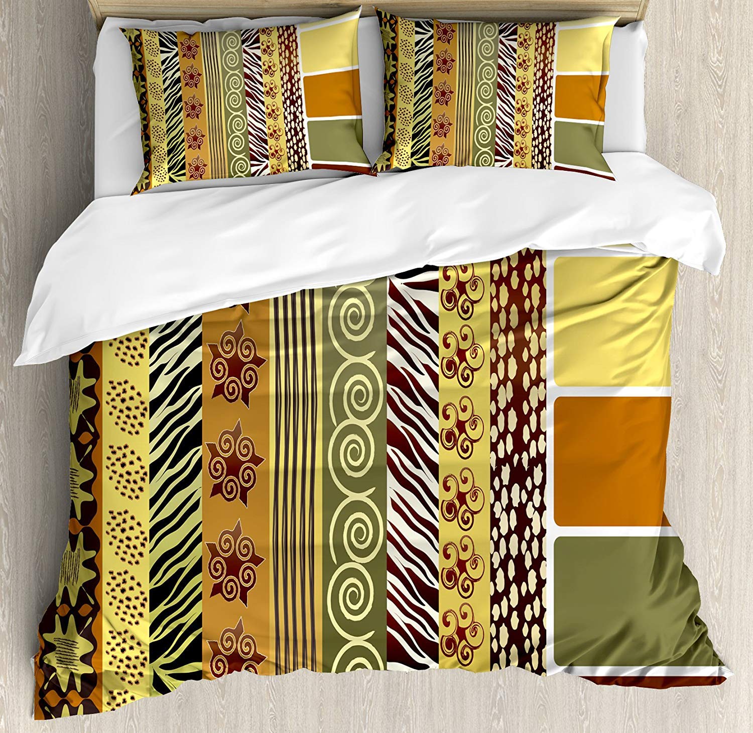 Vintage African Tribal Print 4-Piece Queen Size Bedding Set - Duvet Cover, Fitted Sheet, Flat Sheet & Pillowcases for Kids, Teens & Adults | Zambia Inspired Earth Tone Floral Abstract Design | Perfect for Boho Bedroom Decor, Guest Rooms & Dorm Essentials