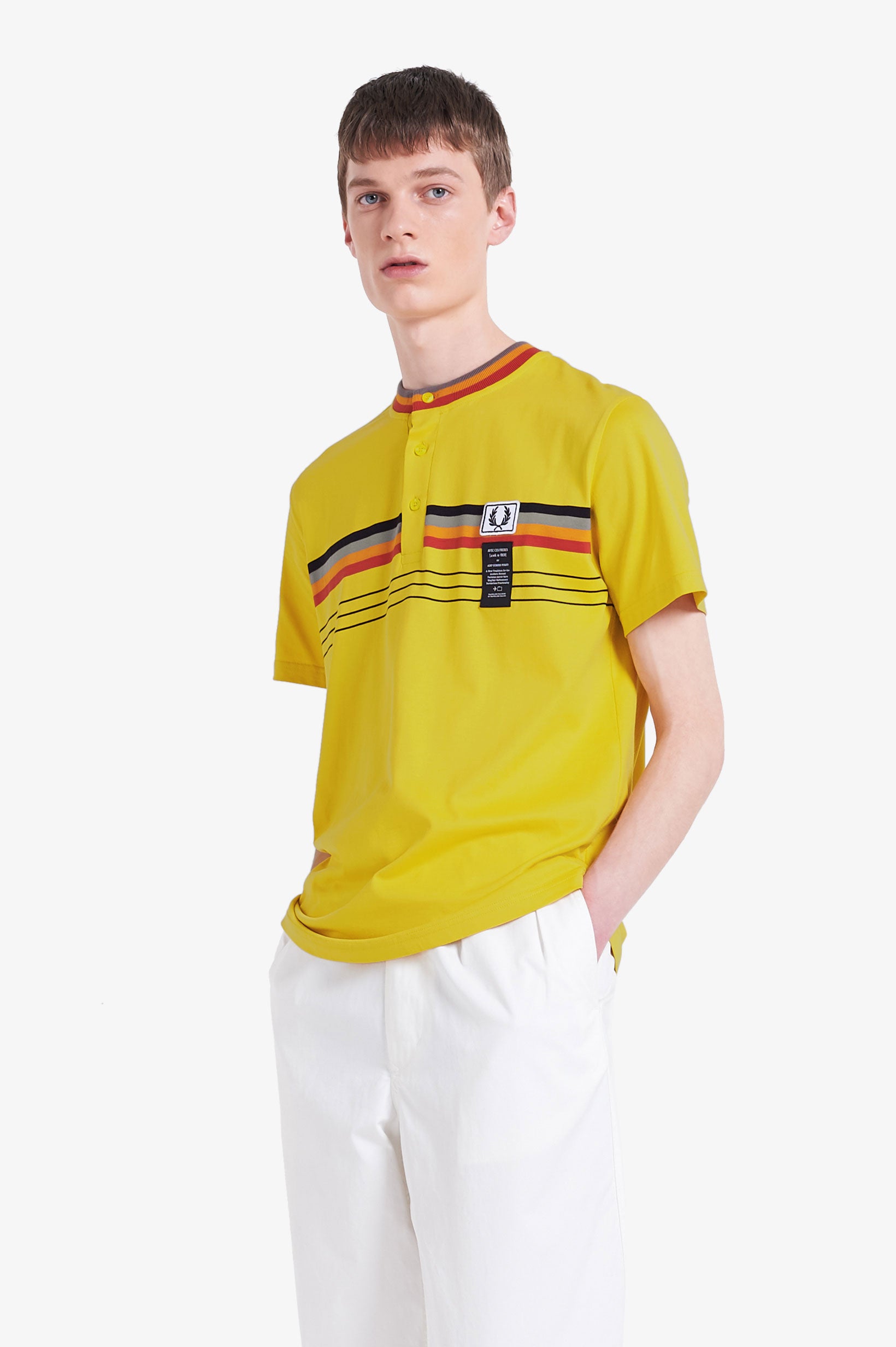 Fred Perry x Art Comes First Striped Henley T-Shirt for Men | Vintage-Inspired Cotton Blend Top | Casual Wear & Street Style Outfits