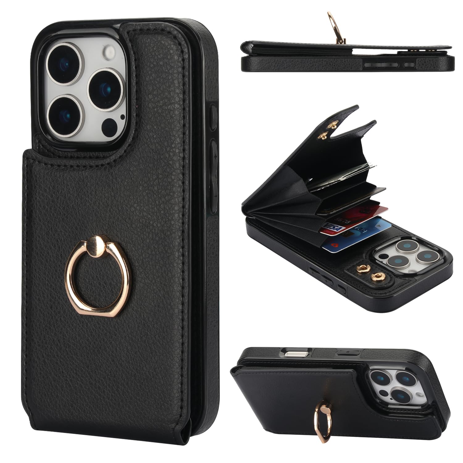 Folosu iPhone 16 Pro Case Wallet with Card Holder - 360° Rotating Finger Ring Stand & Kickstand | RFID Blocking Leather Protective Cover with Shockproof Double Buttons for 6.3