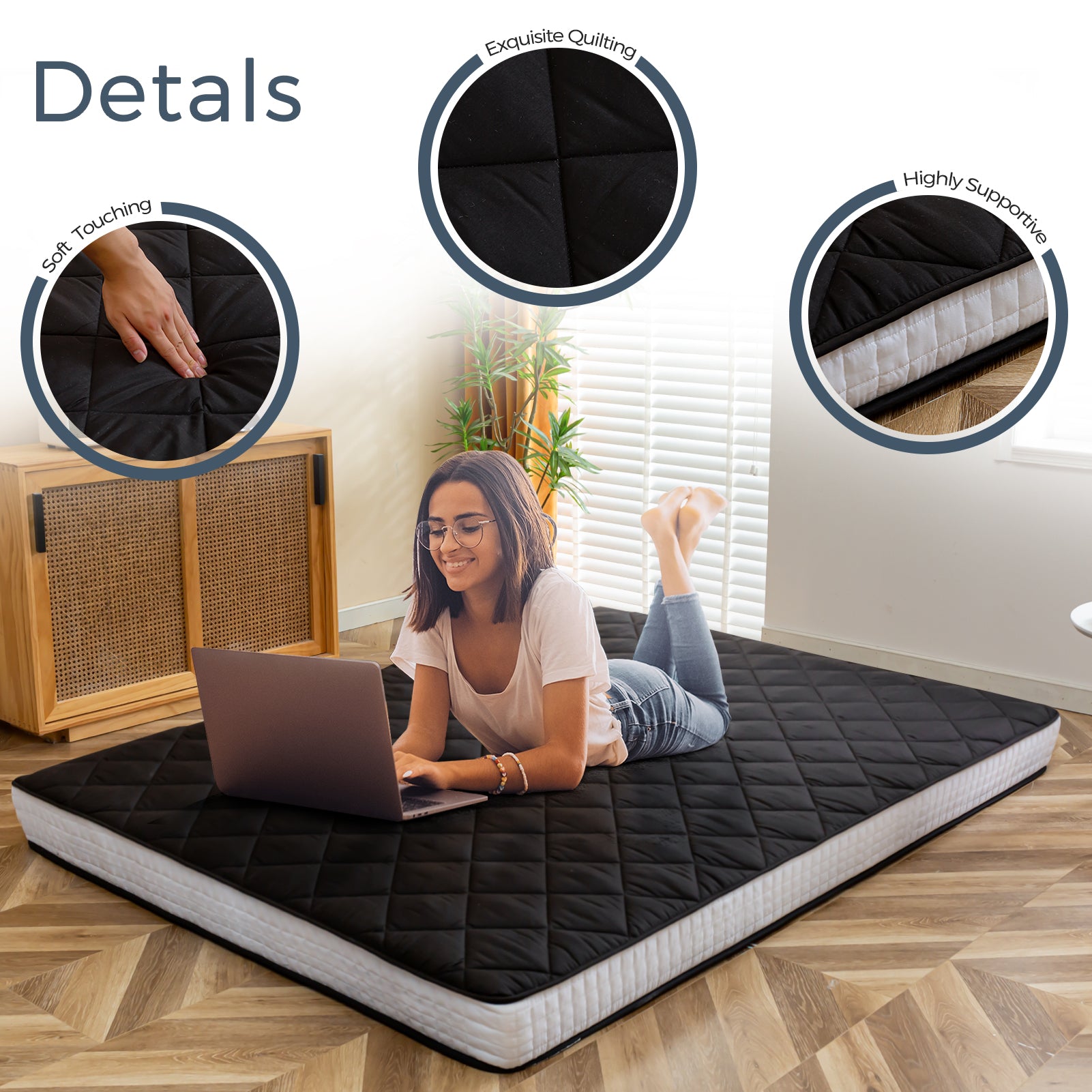 MAXYOYO 6-Inch Extra Thick Floor Futon Mattress - Diamond Quilting Design, Black - Perfect for Guest Beds, Dorm Rooms, Camping & Small Spaces