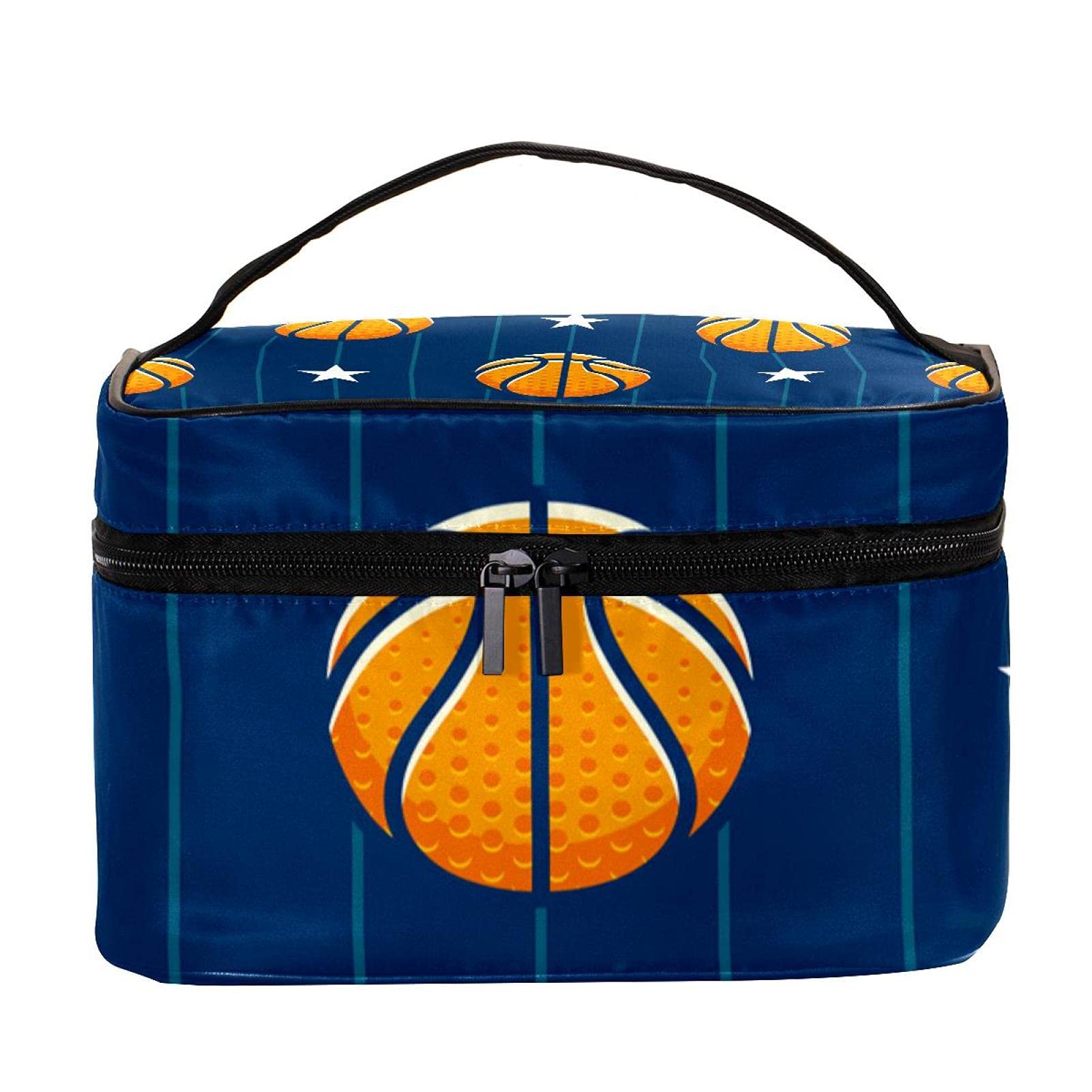 Basketball Stars Navy Blue Pattern Large Travel Makeup Bag - Waterproof Cosmetic Organizer Case with Zipper for Women & Girls | Perfect for Gym, Travel, and Daily Use