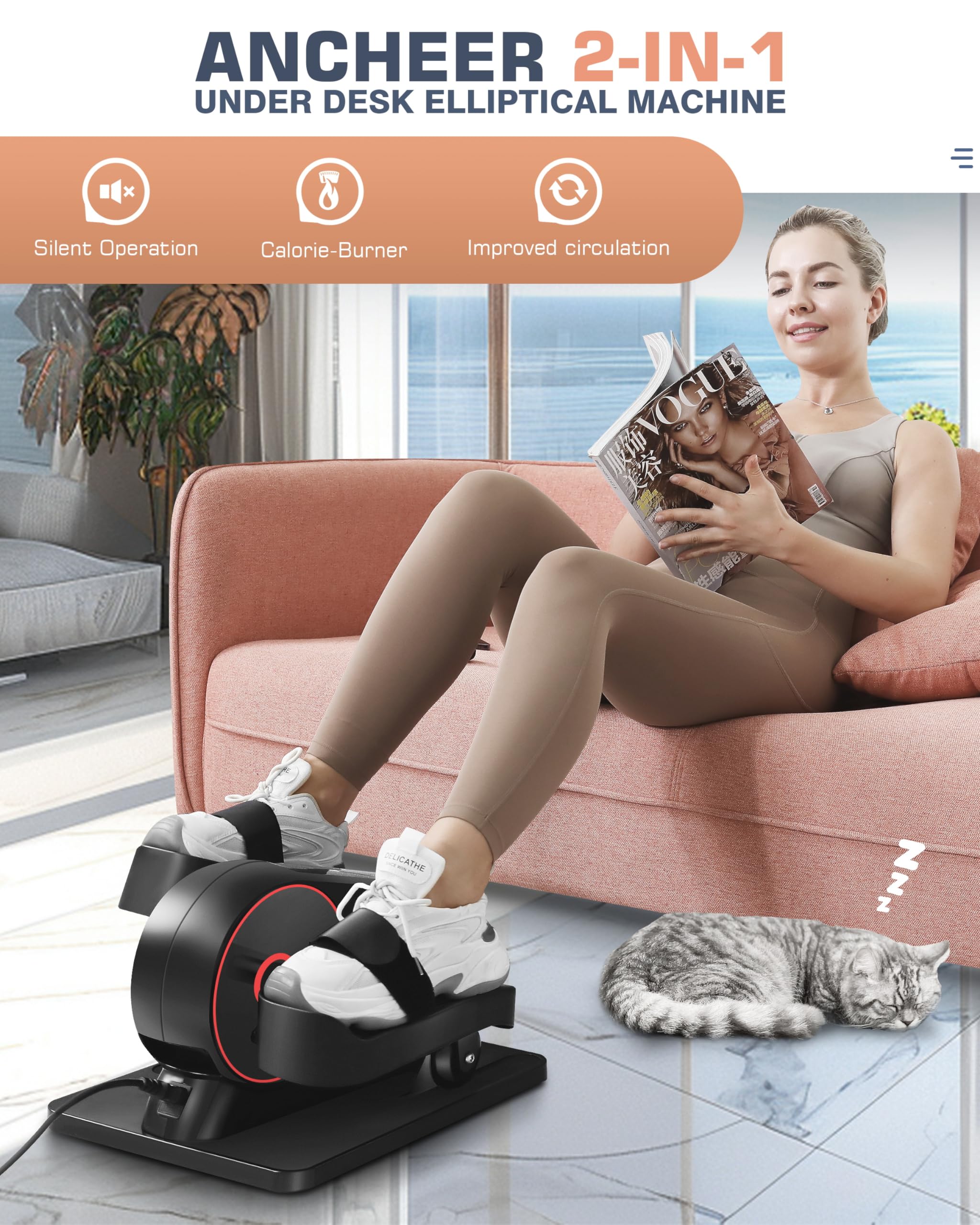 ANCHEER Under Desk Elliptical Machine - Dual Mode (Resistance/Speed) Seated Exercise Bike with Massage Pedals & Remote Control - Perfect for Seniors, Office Workers & Home Workouts