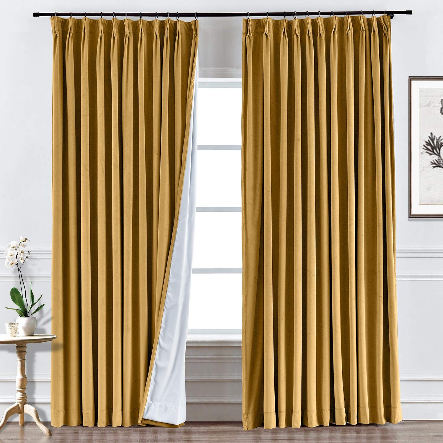 Blackout Thermal Insulated Velvet Curtains 58x84 Inch - Pinch Pleat Room Darkening Drapes for Bedroom, Wheat Color, 1 Panel | Perfect for Home Theater, Nursery & Light-Sensitive Sleepers