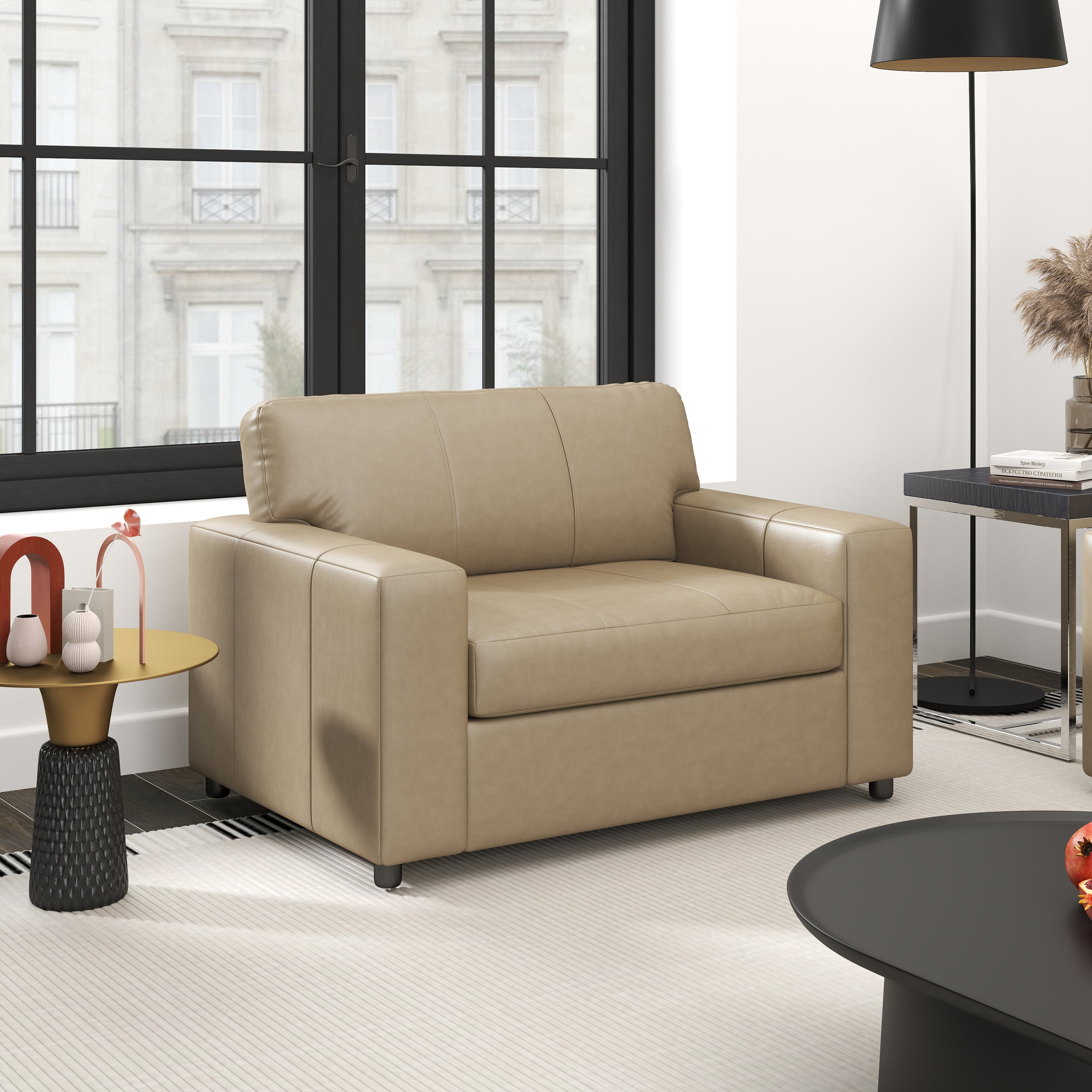 Roundhill Furniture Sakan Genuine Leather Upholstered Cutler Lounge Chair - Modern Living Room Accent Chair for Home Office & Reading Nook