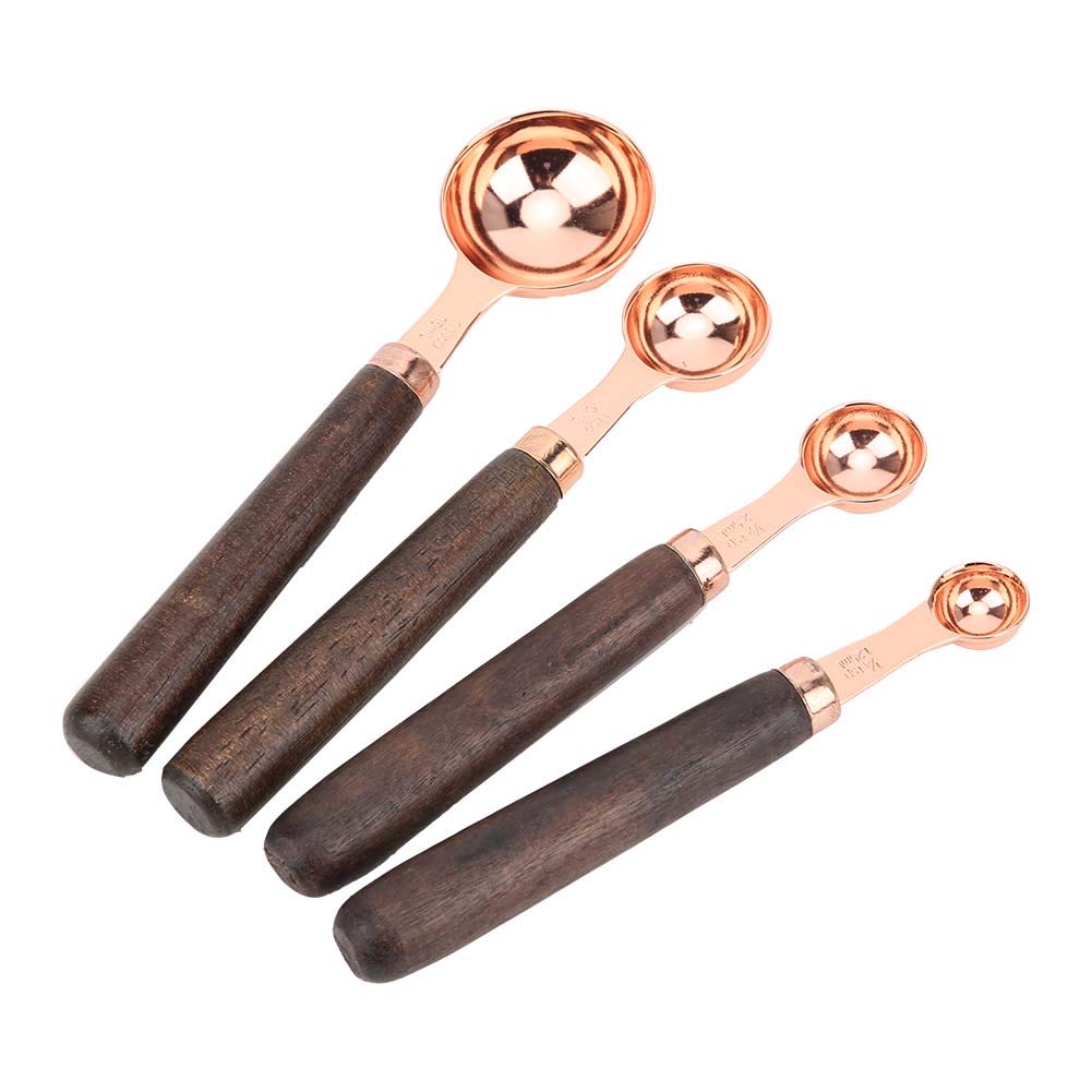 4-Piece Rose Gold Stainless Steel Measuring Spoon Set with Walnut Wood Handle - Premium Kitchen Baking & Cooking Tools for Measuring Coffee, Tea, Flour, Sugar - Perfect for Home Bakers & Coffee Lovers