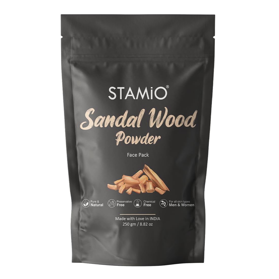 STAMIO Sandalwood Face Pack Powder 250gm for Sun Tan Removal, Glowing Skin, Acne Treatment & Dark Spot Reduction | Natural Santalum Album Chandan Mask for Face & Body | 8.82oz Pouch | Perfect for Daily Skincare & Spa Treatments