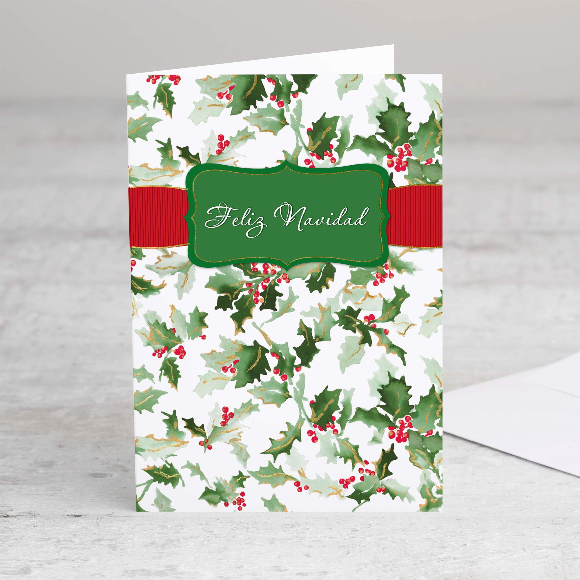 Designer Greetings Spanish Christmas Cards Box Set - 18 Gold Foil Embossed Navidad Greeting Cards with Envelopes | Hojas Navideñas & Holly Design | Perfect for Holiday Gifts, Office Greetings & Family Celebrations
