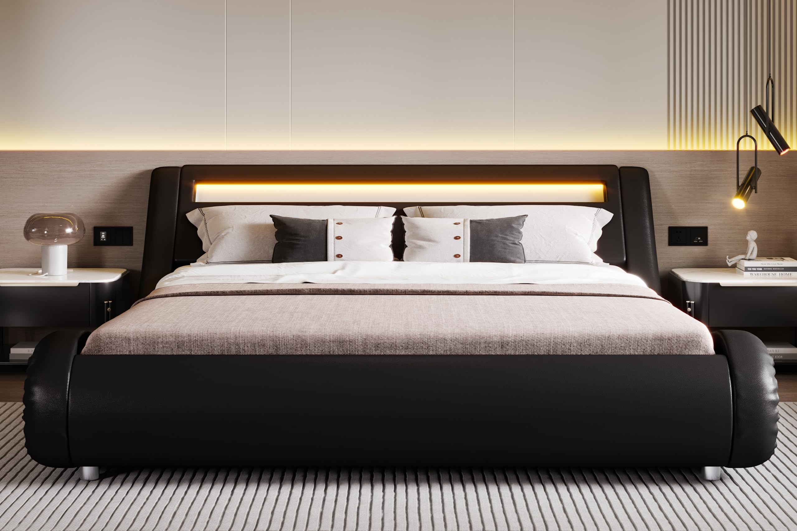 Premium SHA CERLIN LED King Size Bed Frame with Adjustable Headboard - Low Profile Sleigh Design, Sturdy Wood Slat Support (No Box Spring Required) - Black Upholstered Bed for Master Bedroom, Guest Room & Modern Home Decor