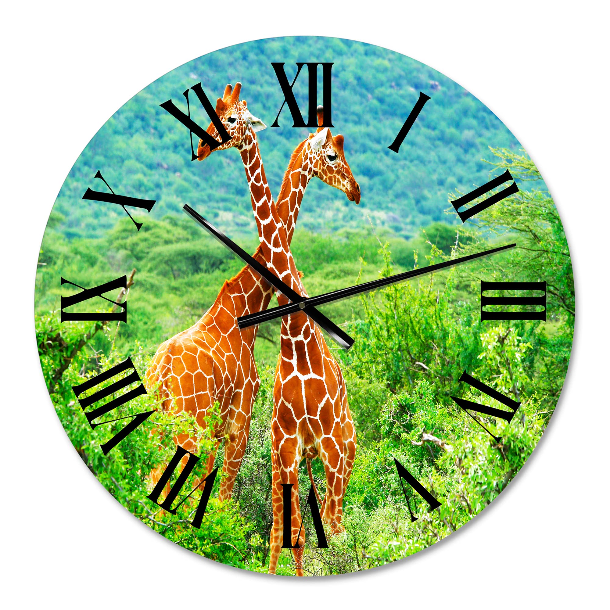DesignQ Farmhouse Wall Clock - 'Fight of Two Giraffes on Green' Large Animal Wall Clock for Kitchen, Living Room, Bedroom & Office Decor | Rustic Home Décor & Unique Gift Idea