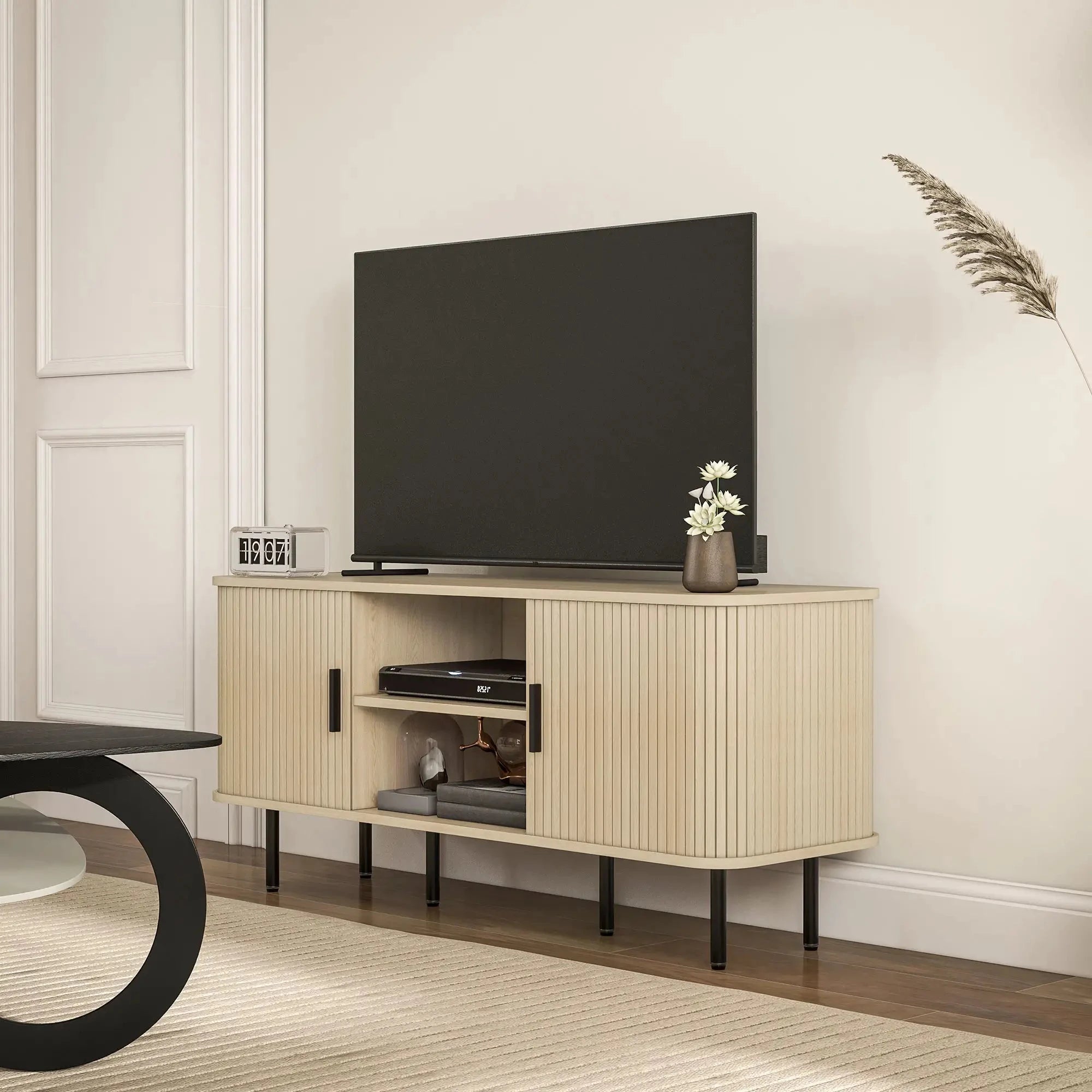 55 Inch TV Stand with Storage Shelves & Cabinets - Solid Wood Oak Finish for Living Room, Bedroom, Home Theater Setup