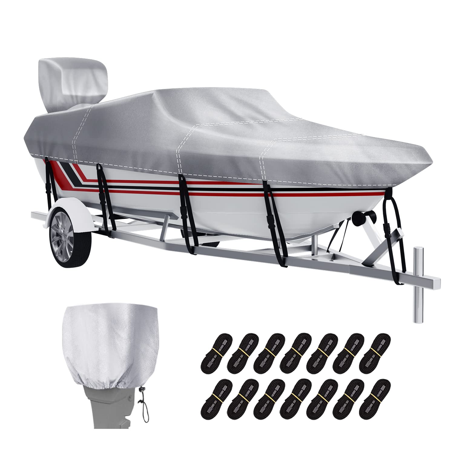 Heavy Duty 24-26 ft Waterproof Boat Cover with Motor Cover | Marine Grade V-Hull Runabout & Bass Boat Cover | Fits Fishing & Ski Boats up to 108