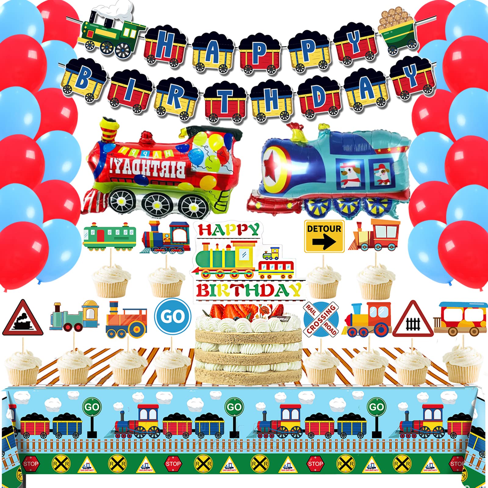 Train Birthday Party Decorations Set - Train Cake Topper, Vehicles Tablecloths & Car Banner for Kids Transportation Theme Celebration | Perfect for Train-Themed Birthday Parties, Baby Showers & Classroom Events
