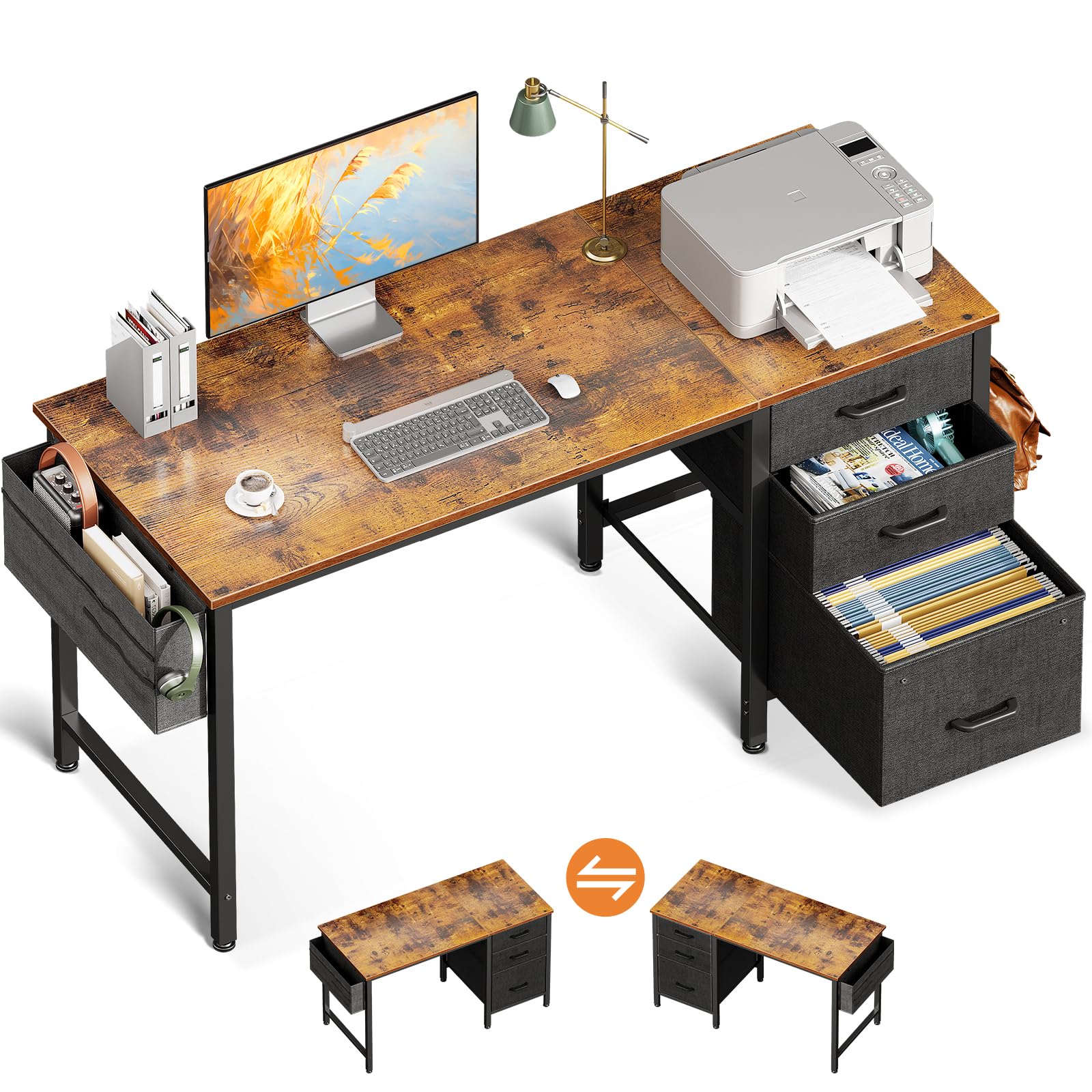 Vintage 48-Inch Small Computer Desk with Fabric Drawers & File Cabinet - Home Office Desk with Storage Bag & Hook, Compact Writing Study Work Table for Small Spaces, Perfect for Bedroom, Dorm or Apartment - Ideal for Remote Work, Online Learning & Home Office Organization