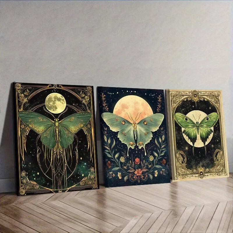 3-Piece Green Luna Moth Nature Wall Art Set - Framed Canvas 50x70cm (19.7x27.6in) - High Quality Print - 100% Australian Made - Ready to Hang - Perfect for Living Room, Bedroom & Office Decor