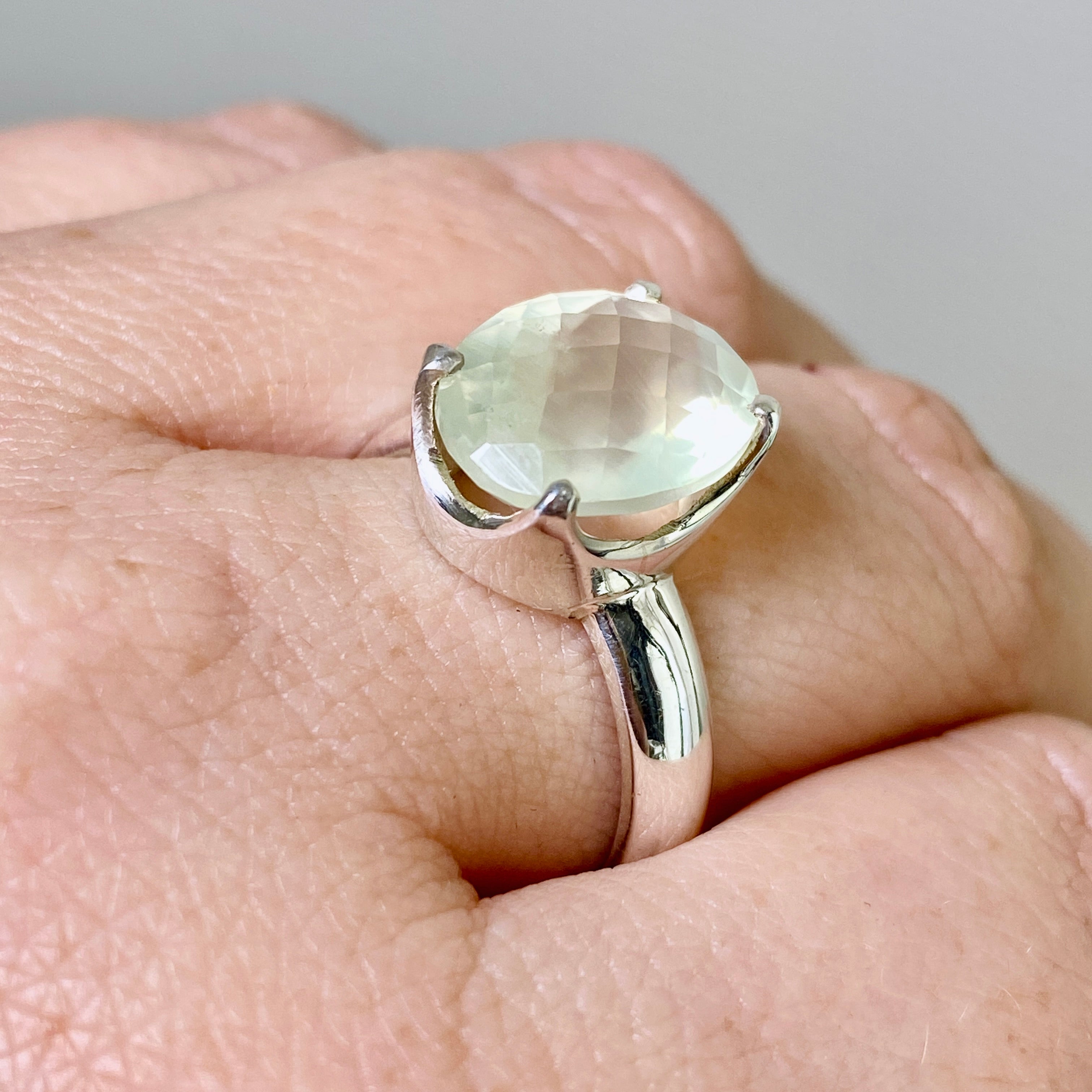 Prehnite Oval Checkerboard Faceted Ring Size 8.5 - Dainty Gold Jewelry for Women, Elegant Birthstone Gift for Her - Perfect for Weddings, Anniversaries & Special Occasions