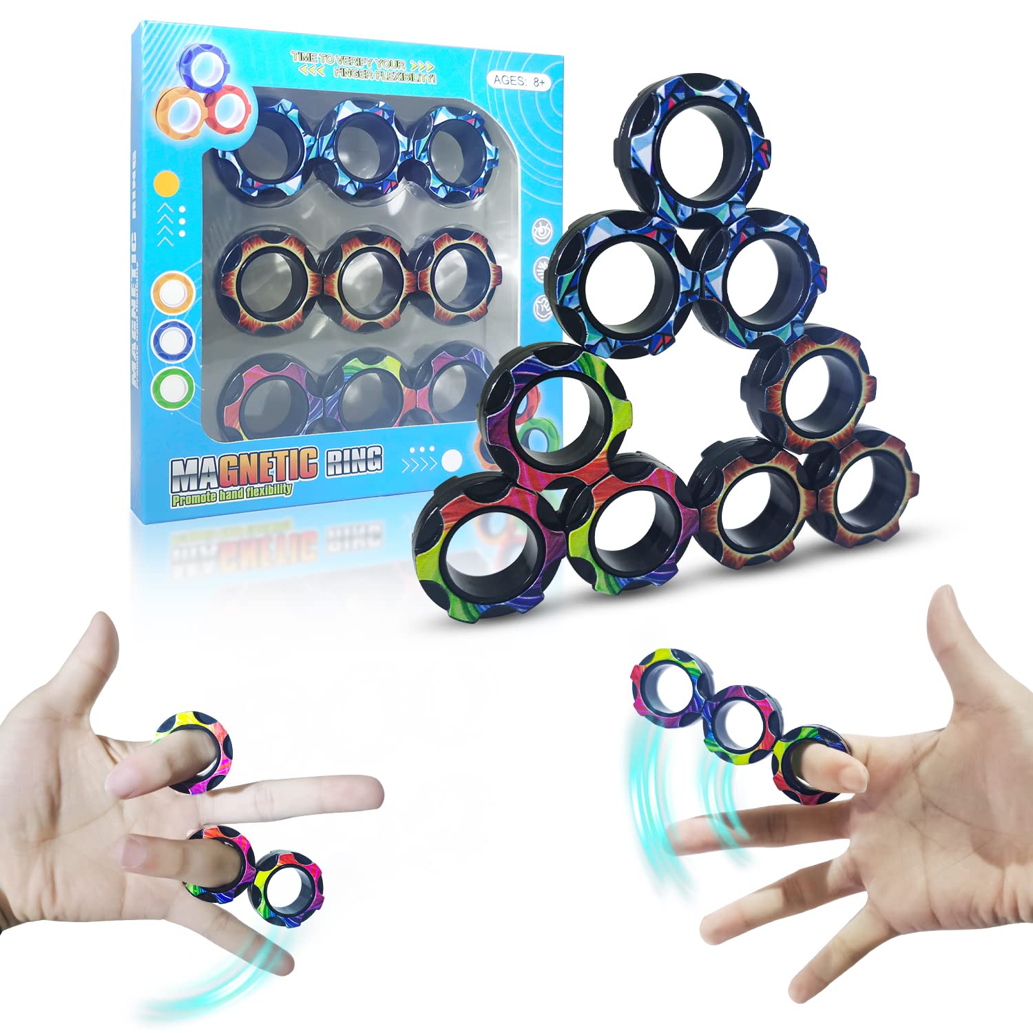 9Pcs Magnetic Rings Fidget Toy Set for ADHD & Anxiety Relief - Stress Decompression Therapy Toys for Adults & Kids - Fun Sensory Fidget Spinners for Office, School, and Home Use