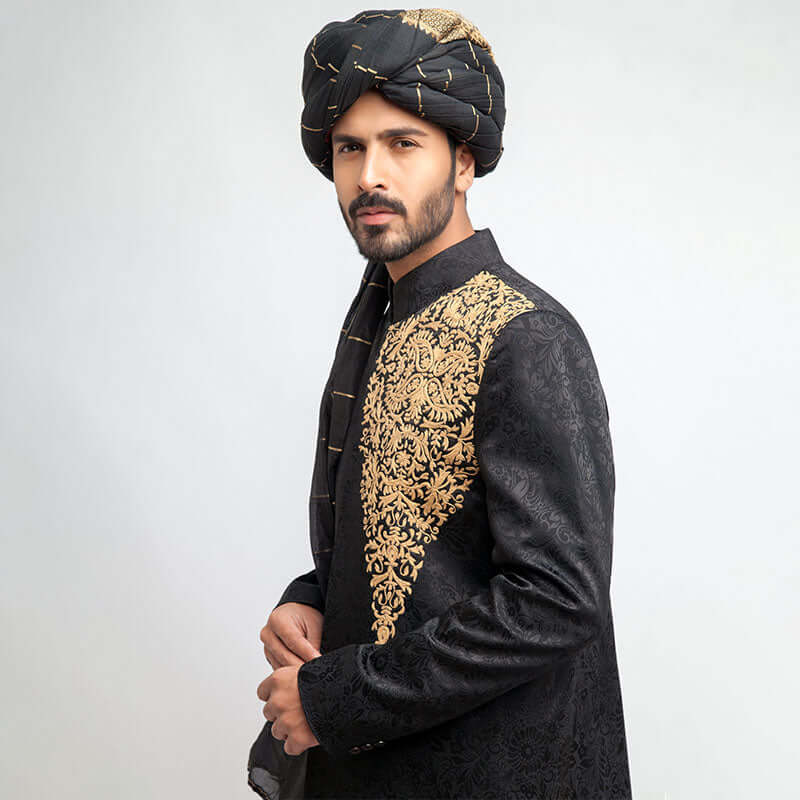 Jet Black Pure Jamavar Silk Sherwani for Men - Elegant Indian Wedding Attire for Groom & Formal Occasions