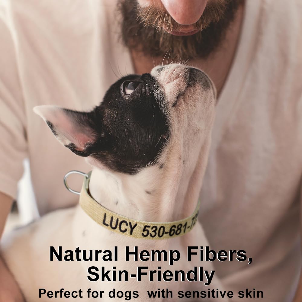 Custom Embroidered Dog Collar with Pet Name & Phone Number - Natural Cotton Hemp Collar for Sensitive Skin - Adjustable Sizes for Small, Medium & Large Dogs - Perfect for Daily Walks, Training & Outdoor Adventures