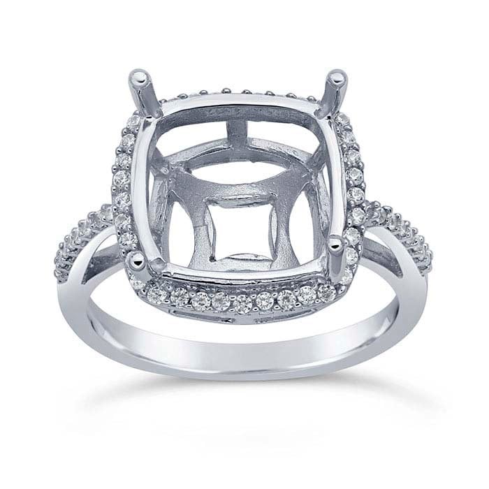 Sterling Silver 12mm Cushion Semi Mount Halo Engagement Ring Setting - Faceted Blank Mounting for Size 6 to 8 - Perfect for Custom Diamond or Gemstone Rings, Wedding & Proposal Jewelry