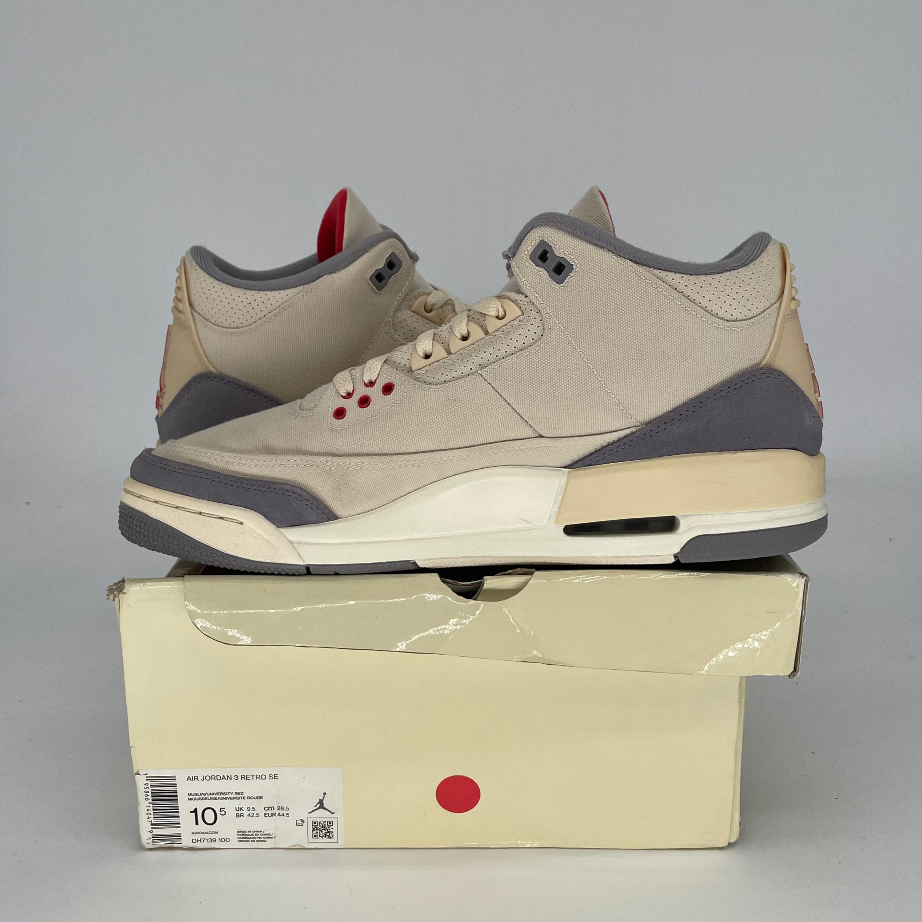 AIR JORDAN 3 MUSLIN Sneakers - Men's Size 10.5/Women's 12 (DH7139-100) - Retro Basketball Shoes for Casual Wear & Street Style