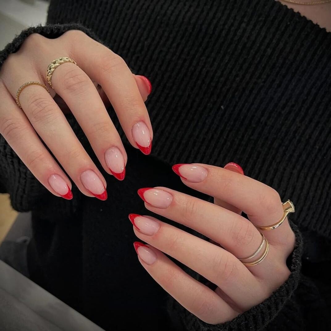 KQueenest Christmas Red French Tip Press on Nails - Almond Short Medium Natural Nude Fake Nails with Gel Design, 30 Pcs Glue on Acrylic Nails for Holiday Parties, Bridal Showers & Special Occasions