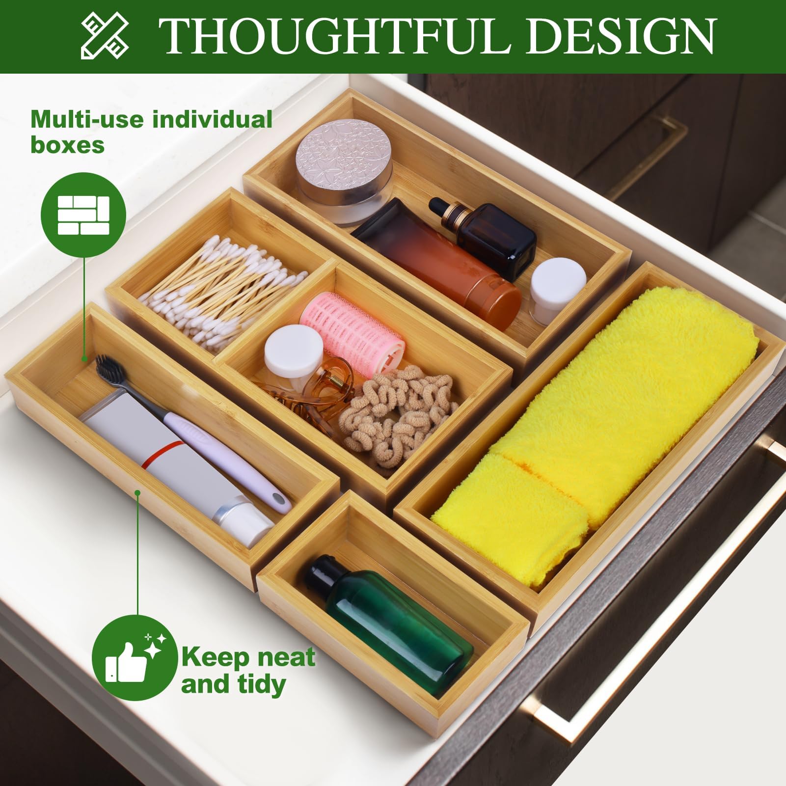 5-Piece Bamboo Drawer Organizer Set - Multi-Use Wooden Storage Trays for Kitchen, Bathroom, Office & Jewelry | Drawer Dividers & Container Organizers for Utensils, Makeup & Small Items | Perfect for Home Organization & Decluttering
