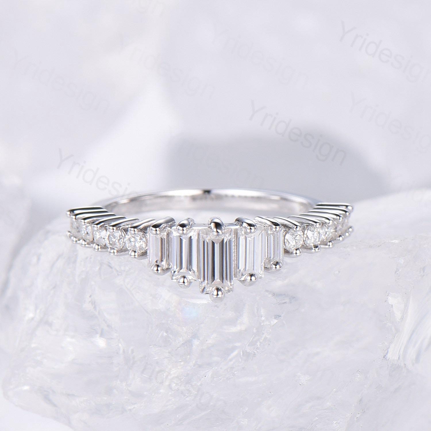 Baguette Cut Moissanite Wedding Band in White Gold or Platinum - Diamond Anniversary Gift for Women, Matching Stacking Ring, Art Deco Promise Band - Perfect for Engagement, Wedding, Anniversary & Special Occasions