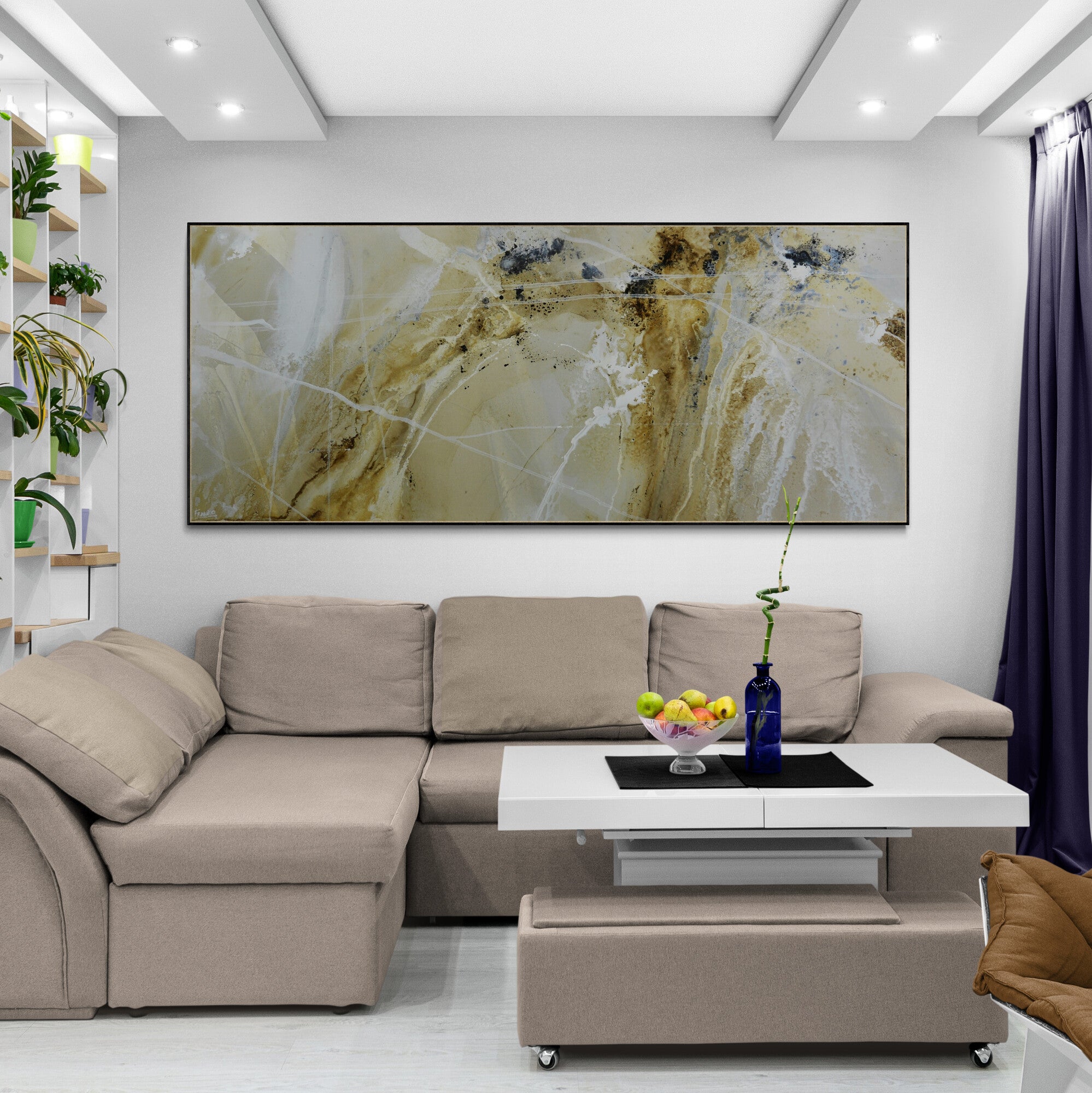 Premium 240cm x 100cm Abstract Painting in Malt Ochre, Cream & White - Modern Wall Art for Living Room, Bedroom & Office Decor