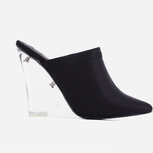 Black Lycra Wedge Heel Mules - Comfortable Slip-On Shoes for Women | Perfect for Casual Outings, Office Wear & Summer Fashion