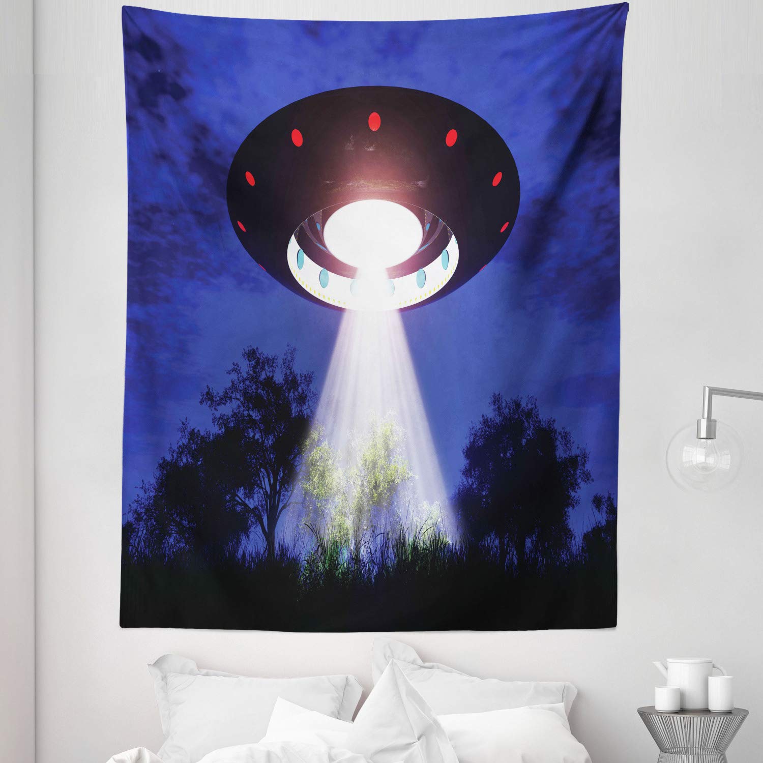 Ambesonne UFO Tapestry Twin Size - Sci-Fi Alien Space Travel & Woodland Night Scene Wall Hanging, 68x88 Inch Multicolor Bedspread for Bedroom Decor | Perfect for Dorm Room, Teen Bedroom & Fantasy Themed Parties