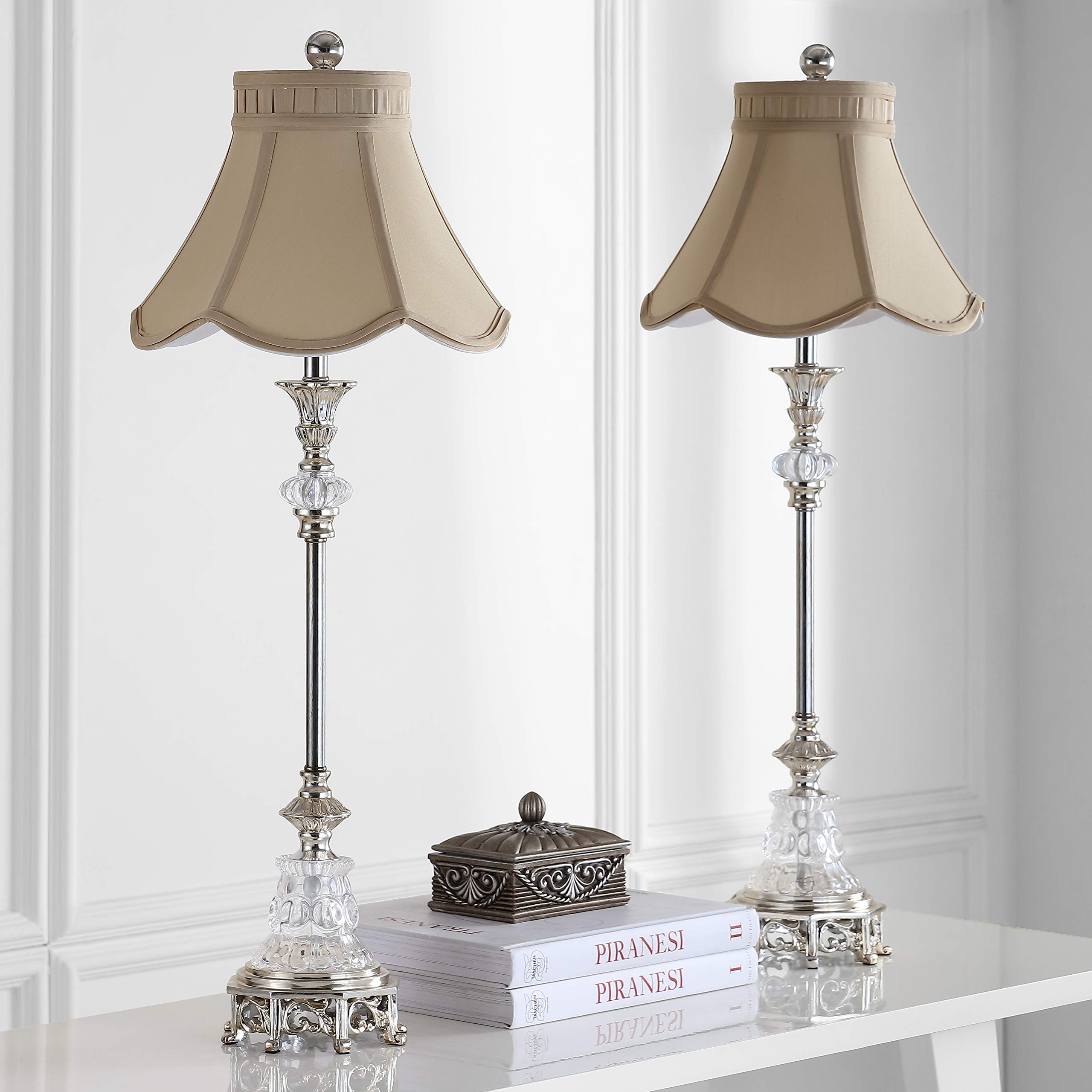 SAFAVIEH Arianna Shabby Chic Glass Candlestick Table Lamp Set of 2 - 33 Inch Height, LED Bulbs Included - Perfect for Bedroom, Living Room, Home Office & Nightstand Decor