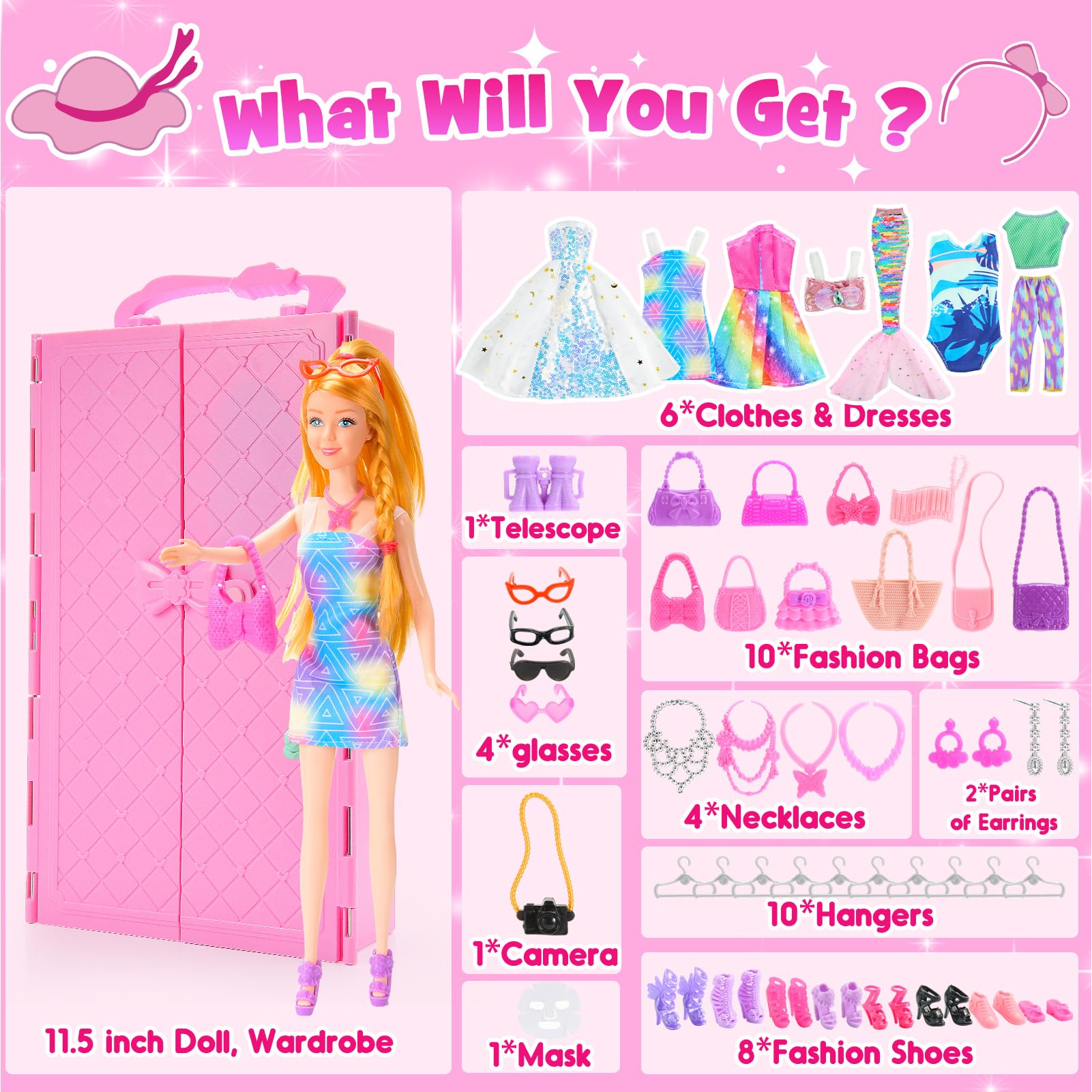 Mermaid Doll Closet Set with Clothes & Accessories - Gift for Girls 3-12 - Pretend Play & Dress Up Fun