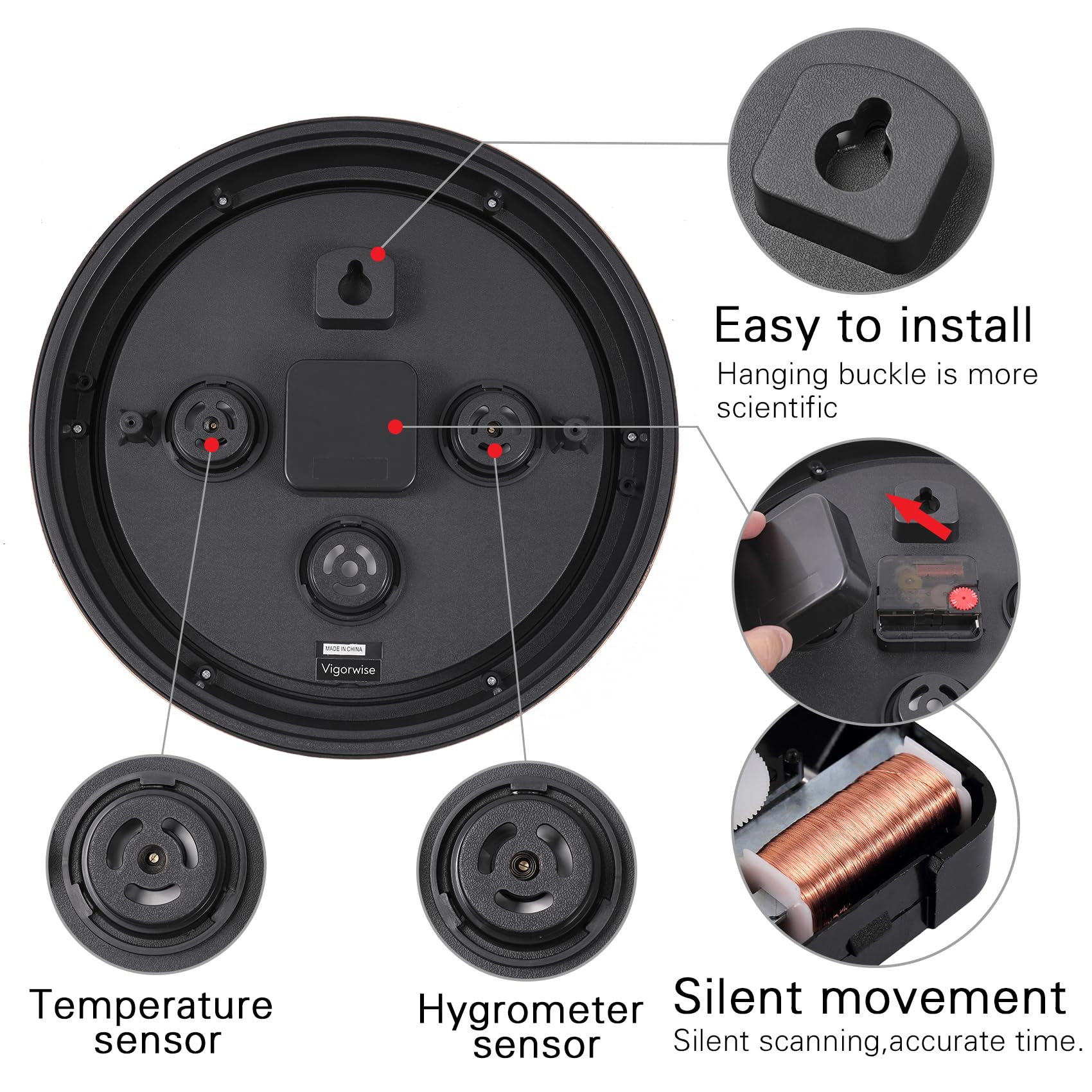 12 Inch Outdoor Wall Clock with Temperature & Humidity - Waterproof Plastic Patio Clock for Garden, Backyard & Porch - Weather Resistant Dark Brown Wall Clock for Outdoor Decor & Home Use