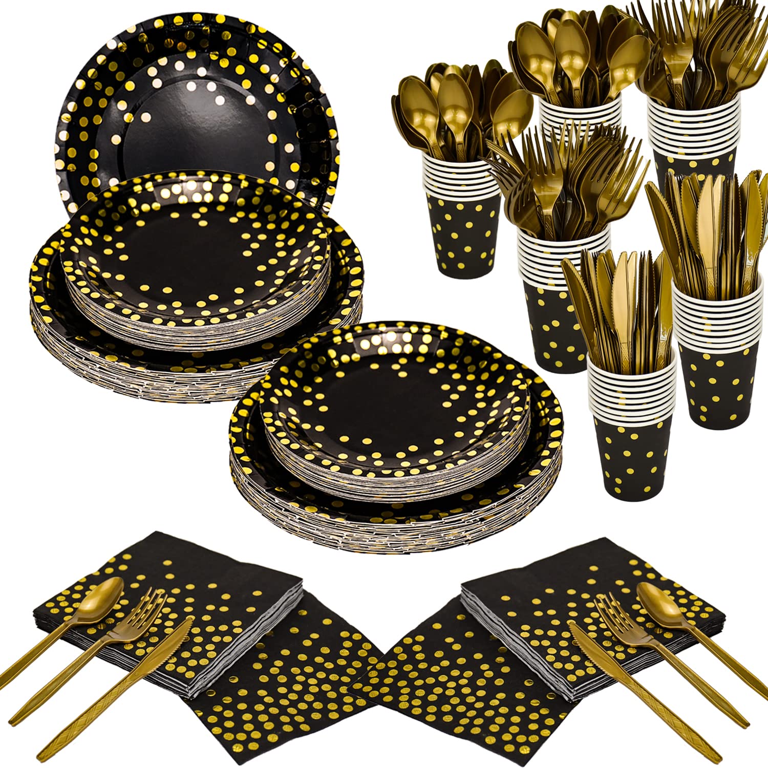 350-Piece Gold Disposable Party Dinnerware Set - Elegant Black Paper Plates, Napkins, Cups with Gold Plastic Cutlery (Forks, Knives, Spoons) - Perfect for Weddings, Birthdays, Anniversaries & Luxury Events