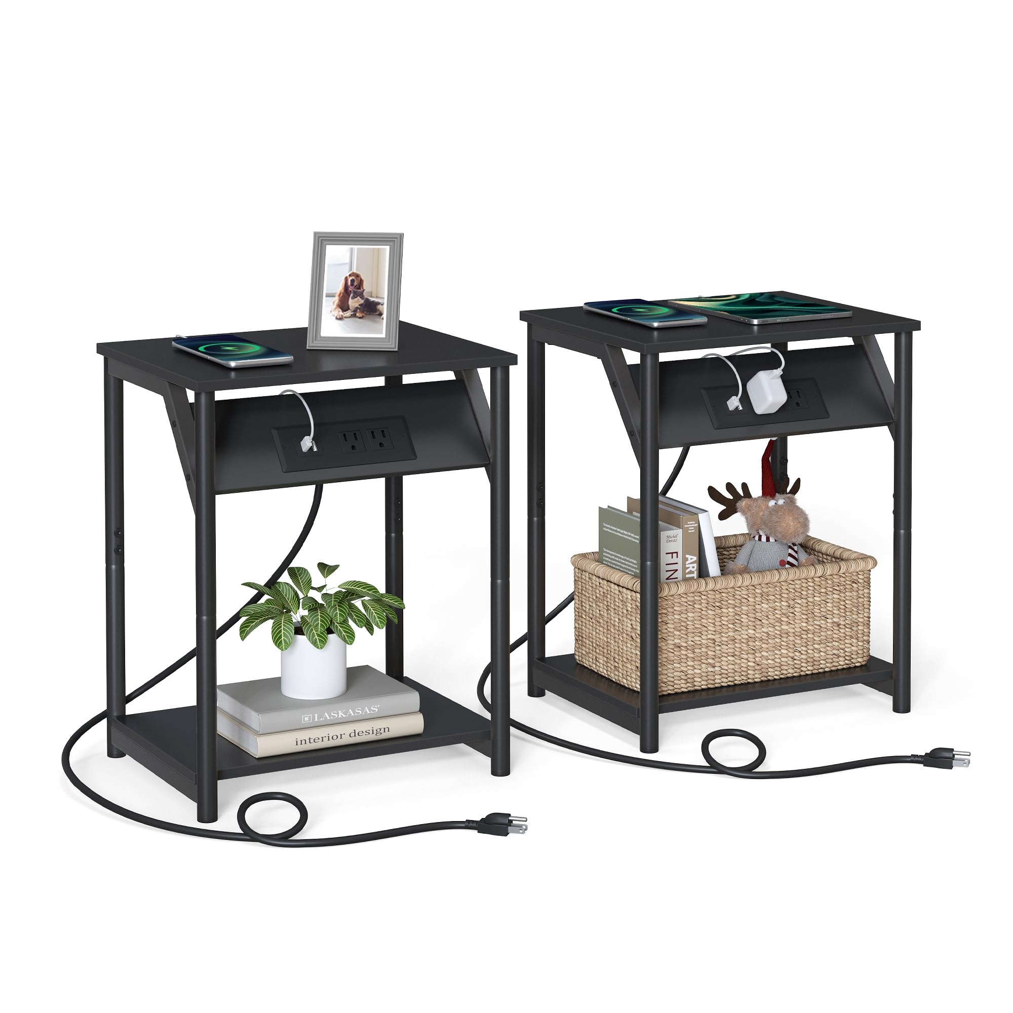 VASAGLE 2-Pack End Tables with Built-in Charging Station, USB Ports & Outlets - Compact Nightstand with Storage Shelf for Bedroom, Living Room - Perfect for Small Spaces & Modern Home Decor - Black