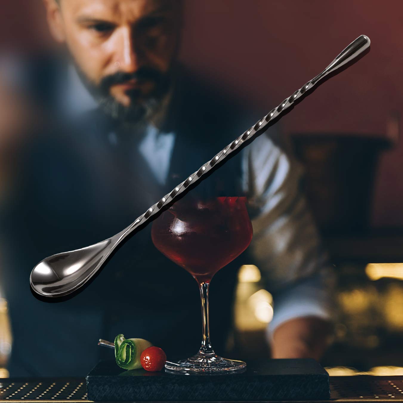12-Inch Stainless Steel Mixing Spoon with Spiral Pattern - Professional Bar Spoon for Cocktails, Coffee, Baking & Kitchen Use - Perfect for Cocktail Shakers, Tall Cups, and Drink Mixing