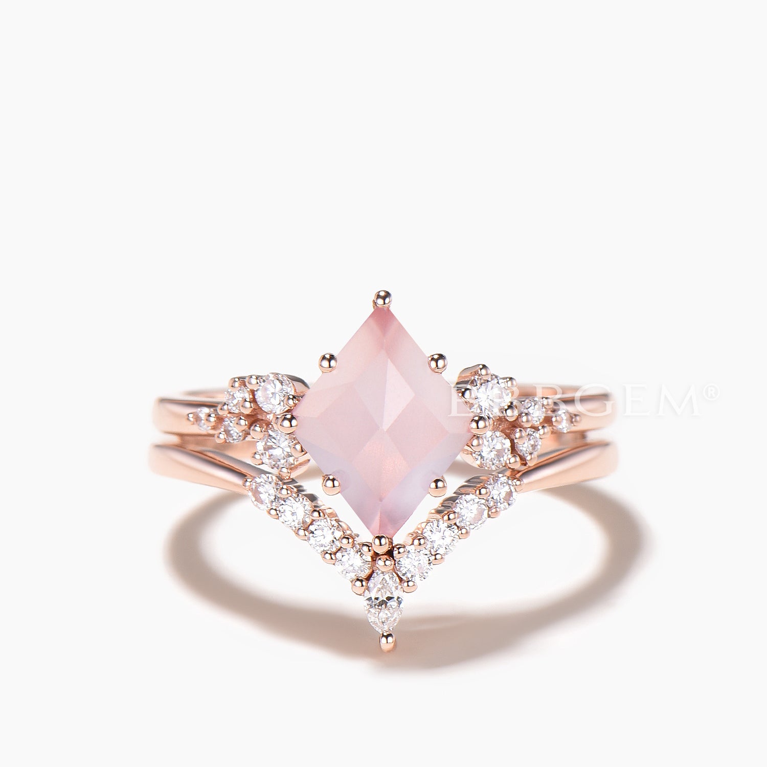 Natural Rose Quartz Engagement Ring & Wedding Band Set - Rhomboid Kite Cut Diamond Bridal Jewelry for Proposals, Anniversaries & Special Occasions