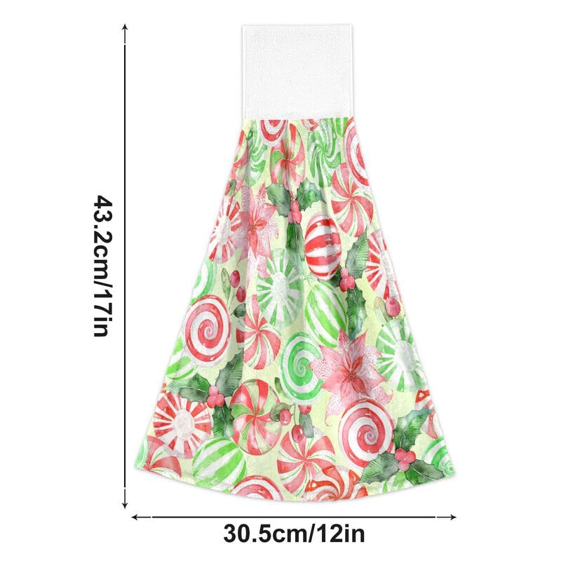 Christmas Peppermint Candy Hanging Kitchen Towels - 2PCS Absorbent Dish Cloths with Loops for Oven, Stove & Bathroom - Festive Winter Floral Hand Towels for Home Decor & Holiday Kitchen Use