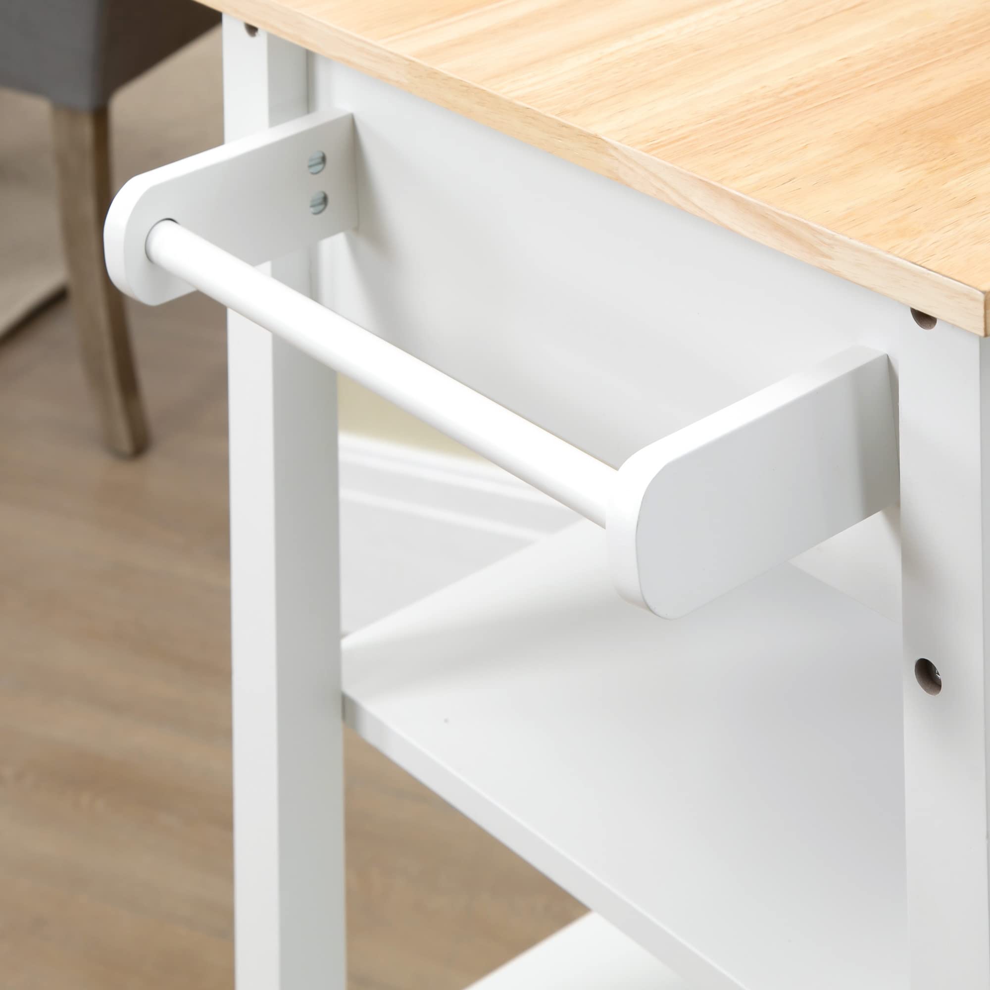 HOMCOM White Kitchen Island Cart with Solid Wood Top, Storage Shelf & Drawer - Mobile Kitchen Organizer for Dining Room, Small Space & Apartment Cooking