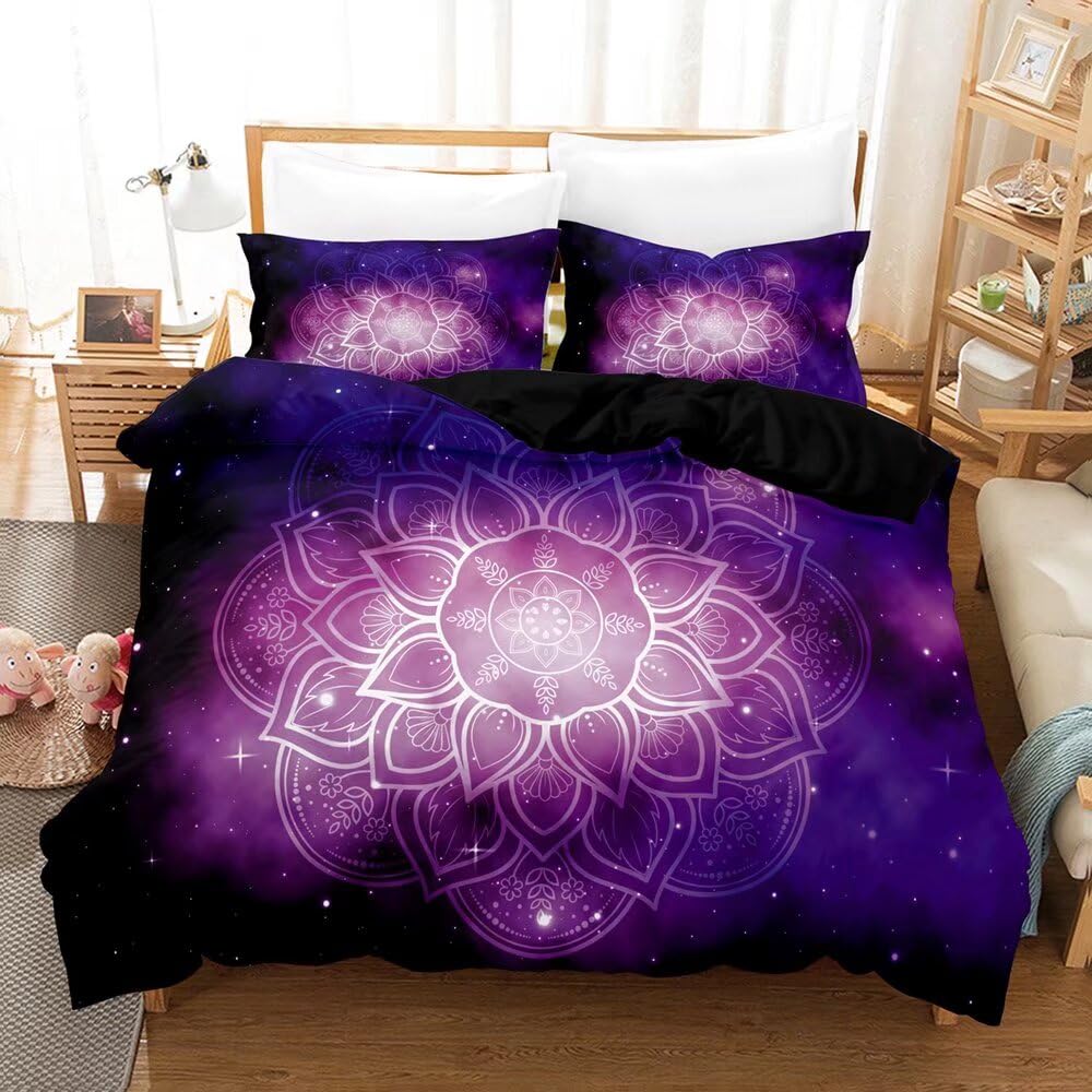 Mandala Galaxy Duvet Cover Set - Bohemian Floral Space Design Twin Size 2-Piece Bedding (Purple & Blue) | Perfect for Meditation Rooms, Boho Chic Bedrooms & Hippie Home Decor