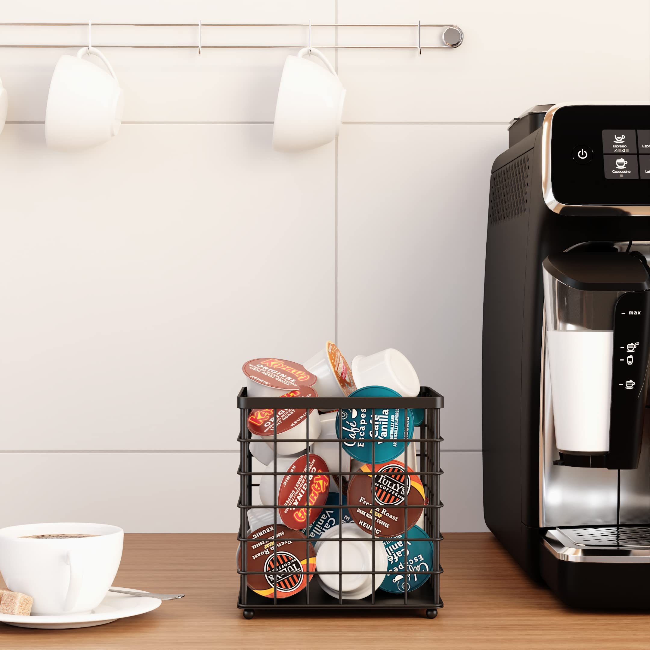 Black Coffee Pod Holder & K Cup Organizer - Countertop Storage Container for Keurig Pods, Creamer & Coffee Bar Accessories | Perfect for Kitchen, Office & Coffee Station Organization