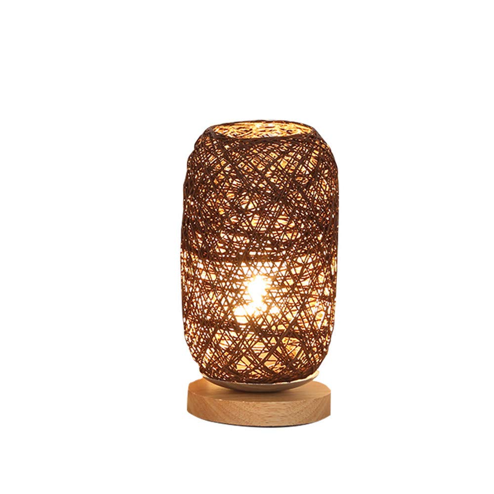 HUHAORAN Rechargeable LED Wooden Twine Sepak Takraw Table Lamp - Modern Bedside Night Light with Hemp Ball Shade, Brown - Perfect for Bedroom, Living Room & Office Decor | Dimmable Ambient Lighting for Reading & Relaxation