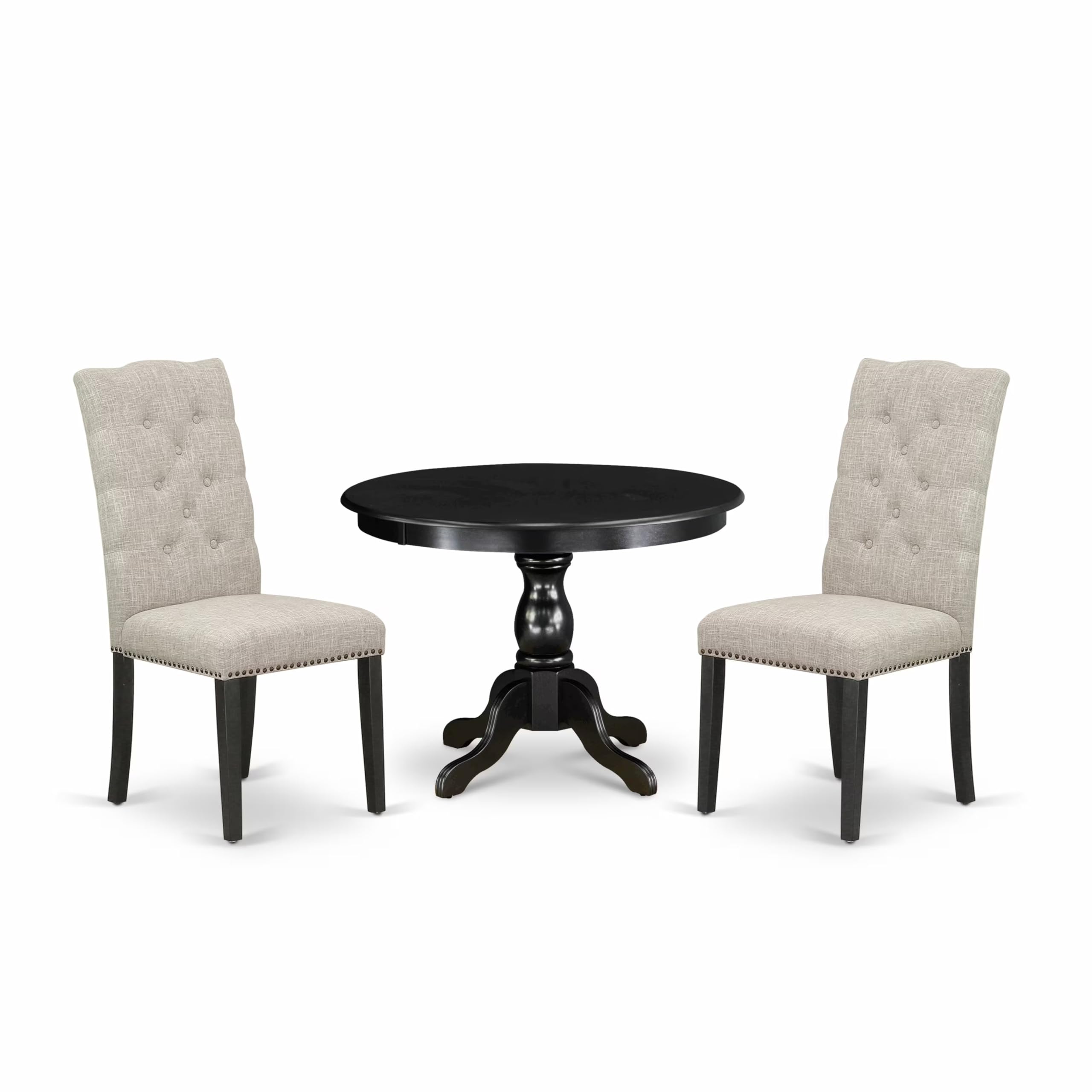 East West Furniture HBEL3-ABK-35 3-Piece Kitchen Table & Chairs Set - 42x42 Inch Round Dining Table with Pedestal Base & 2 Doeskin Linen Upholstered Chairs, Wirebrushed Black - Perfect for Small Kitchens, Breakfast Nooks, and Cozy Dining Spaces